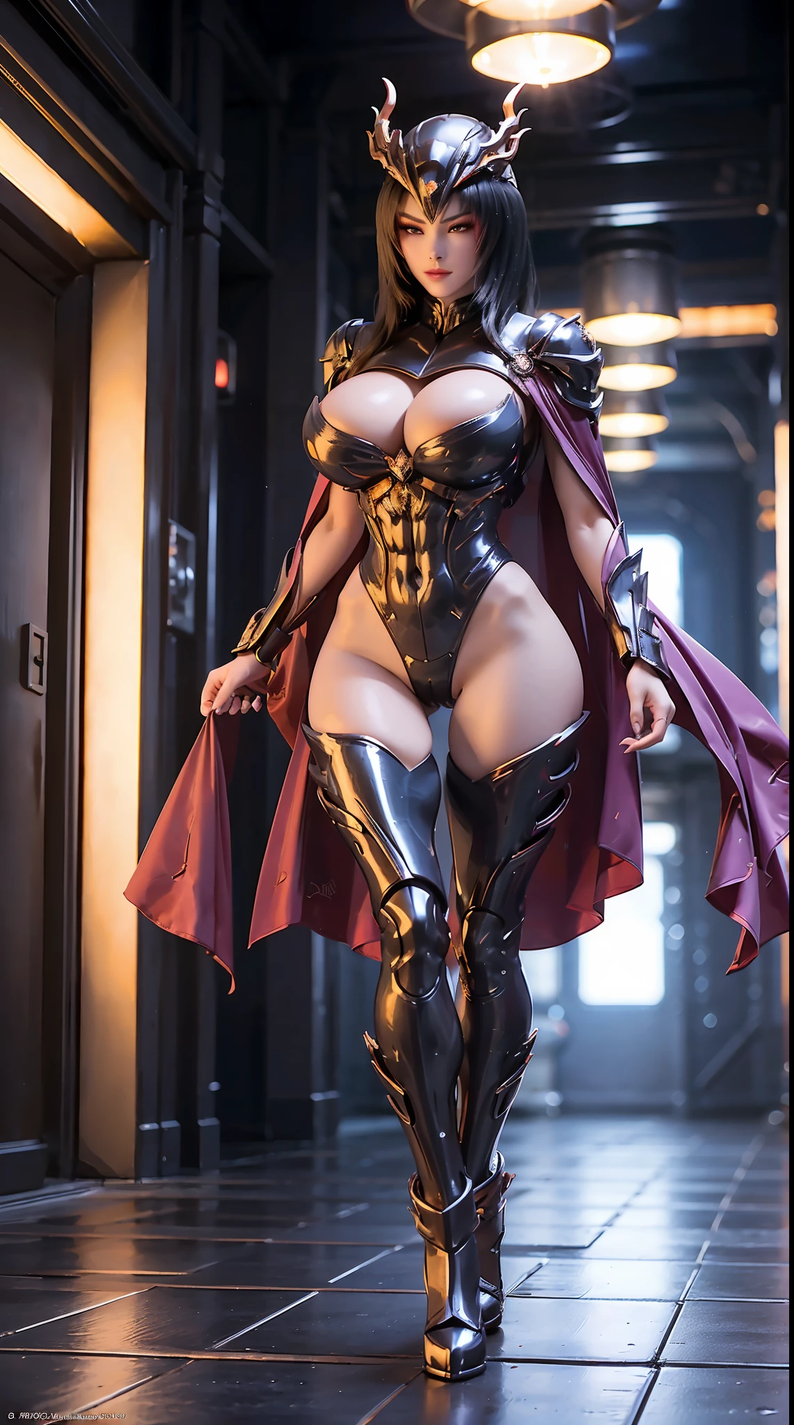 1GIRL, SOLO, (DRAGON HORN HELMET), (HUGE FAKE BOOBS:1.3), (BLACK, RED), (STARFIELD BACKGROUND), (FUTURISTIC PHOENIX MECHA BODYSUIT, ROYAL FEATHERS CLOAK, CLEAVAGE:1.2), (SKINTIGHT YOGA PANTS, HIGH HEELS:1.2), (PERFECT BODY, MUSCLE ABS, LONG LEGS, FULL BODY VIEW:1.5), (LOOKING AT VIEWER), (WALKING DOWN HALLWAY OF FUTURISTIC SPACE STATION:1.2), ULTRA HIGHT DEFINITION, 8K, 1080P.