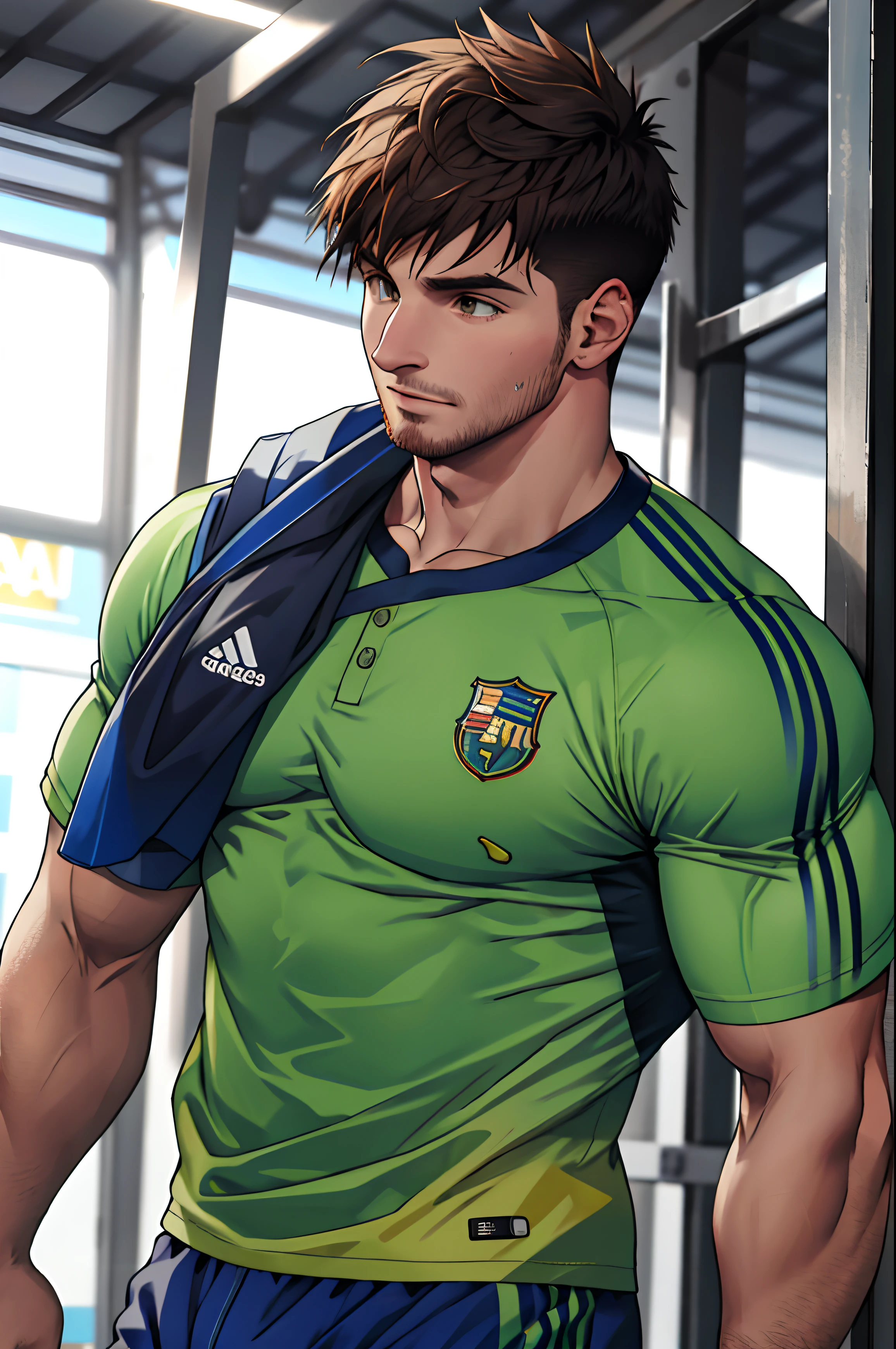 Desenhe um atleta messi de pleno direito，Stay in the central field of the gym，Ele usa roupas esportivas de alta qualidade，O homem parece confiante e determinado，raios de sol，seios grandes alegres，Handsome，crew cut，corpo inteiroesbian，atirando de baixo，