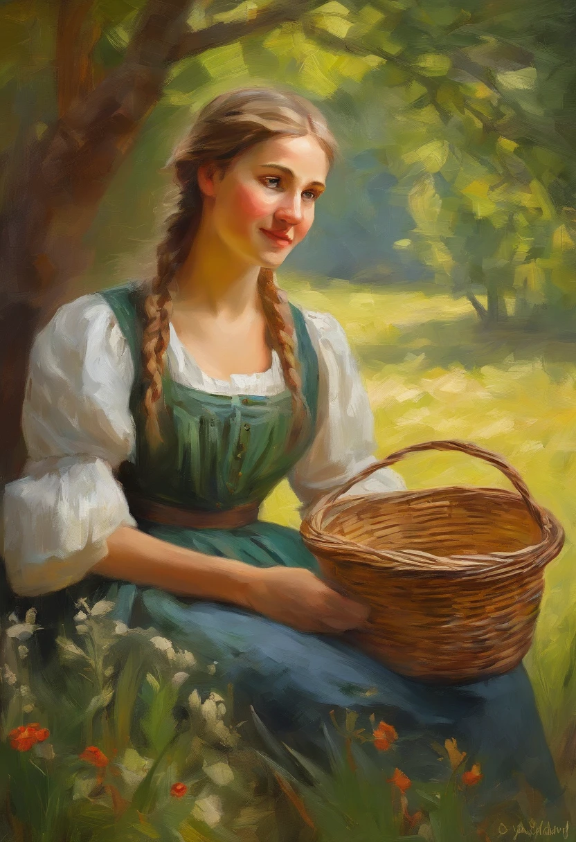 (((masterpiece))), (best quality), ultra-detailed, 8k CG illustration, (young peasant girl with braided hair, green eyes), peasant dress, farmhouse interior, wooden bench, bowl tableware, white ceramic cups, fresh bread, picnic basket, green trees in the distance, soft natural lighting.