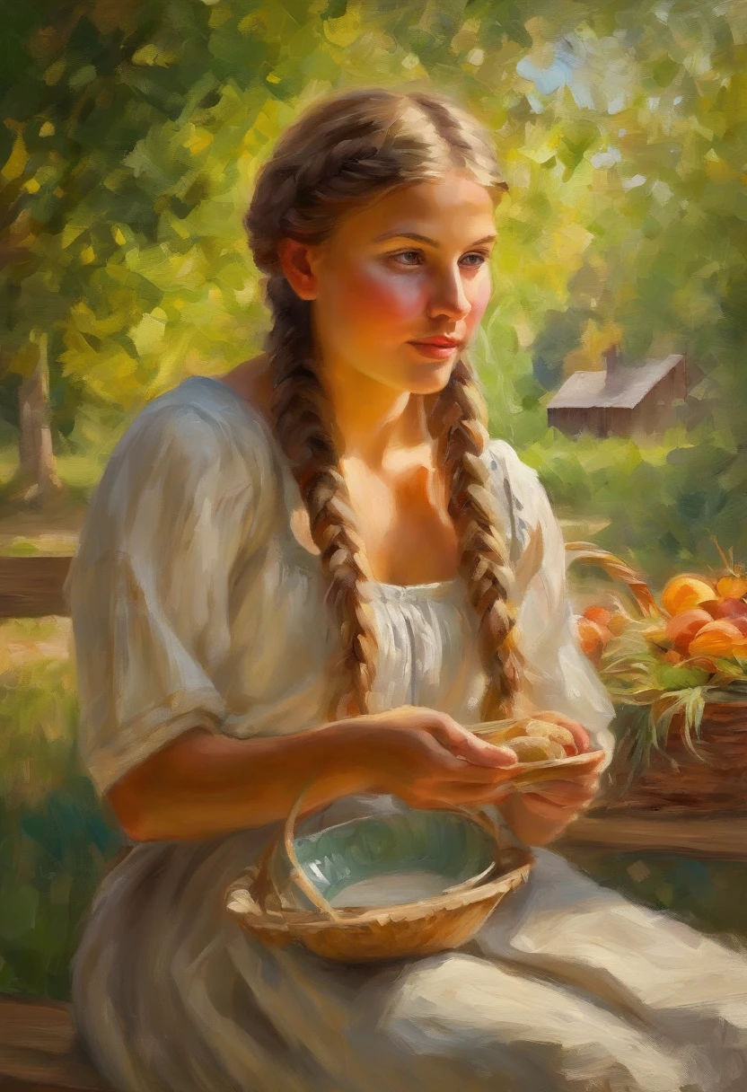(((Masterpiece))), (Best quality), Ultra-detailed, CG 8k illustration, (Young peasant girl with braided hair, Green eyes), peasant dress, Inside the farm, Wooden bench, bowl, White ceramic cup, Fresh bread, Picnic basket, Trees in the distance, Soft natural lighting.