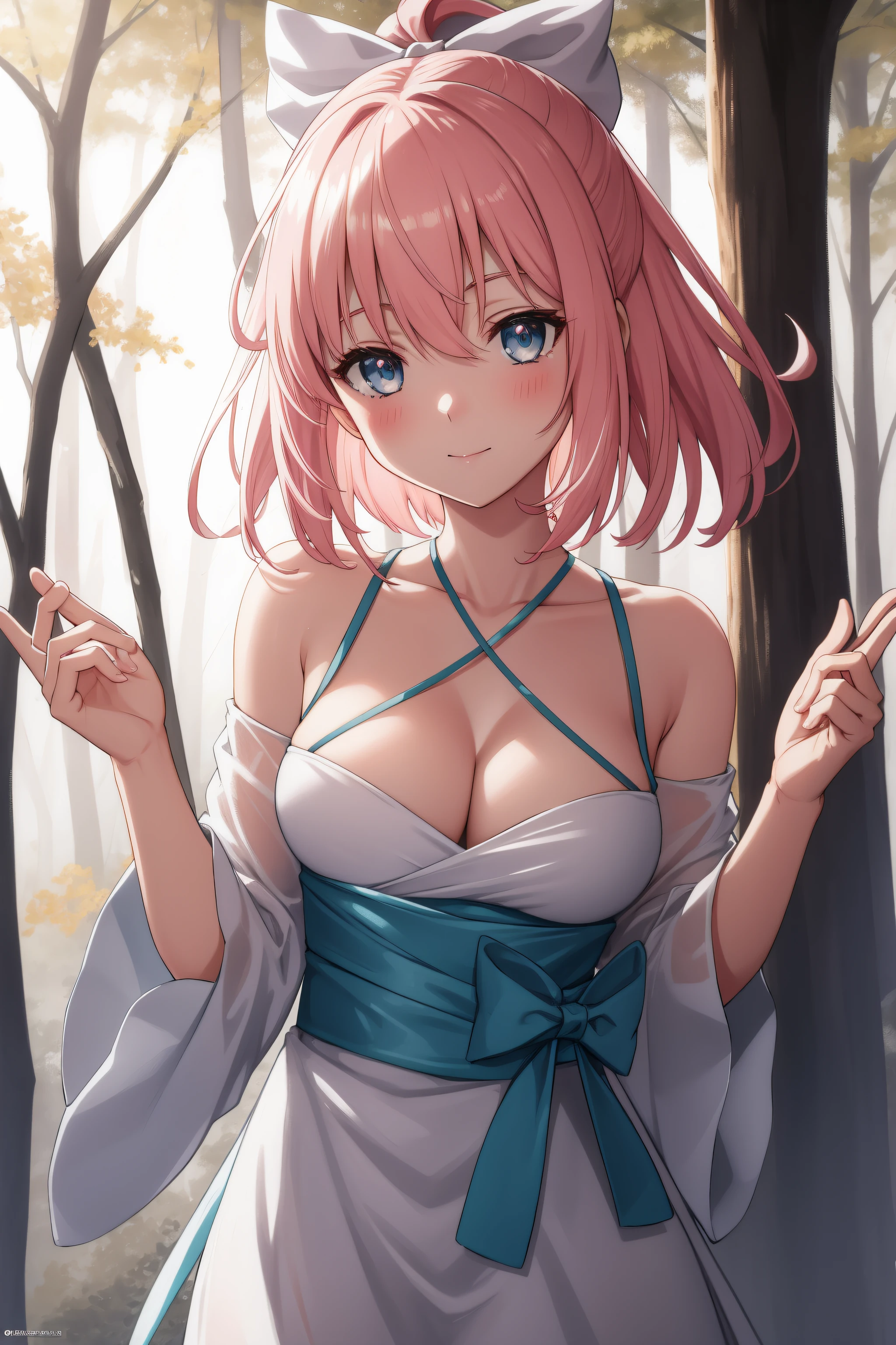 in a forest with fog and trees in the background and a light shining through her
white dress,head piece,bare_shoulders, collarbone,
okita souji, ahoge, pink hair, hair between eyes, (hair bow), (short hair:1.2), yellow eyes,
1 girl, 20yo,young female,Beautiful Finger,Beautiful long legs,Beautiful body,Beautiful Nose,Beautiful character design, perfect eyes, perfect face,
looking at viewer, (innocent_big_eyes:1.0),(expressionless:1.3),seductive anime girl.teasing smile,
NSFW,official art,extremely detailed CG unity 8k wallpaper, perfect lighting,Colorful, Bright_Front_face_Lighting,
(masterpiece:1.0),(best_quality:1.0), ultra high res,4K,ultra-detailed,
photography, 8K, HDR, highres, absurdres:1.2, Kodak portra 400, film grain, blurry background, bokeh:1.2, lens flare, (vibrant_color:1.2)
(Beautiful,medium_Breasts:1.4), (beautiful_face:1.5),(narrow_waist),(perfect hands, perfect anatomy),