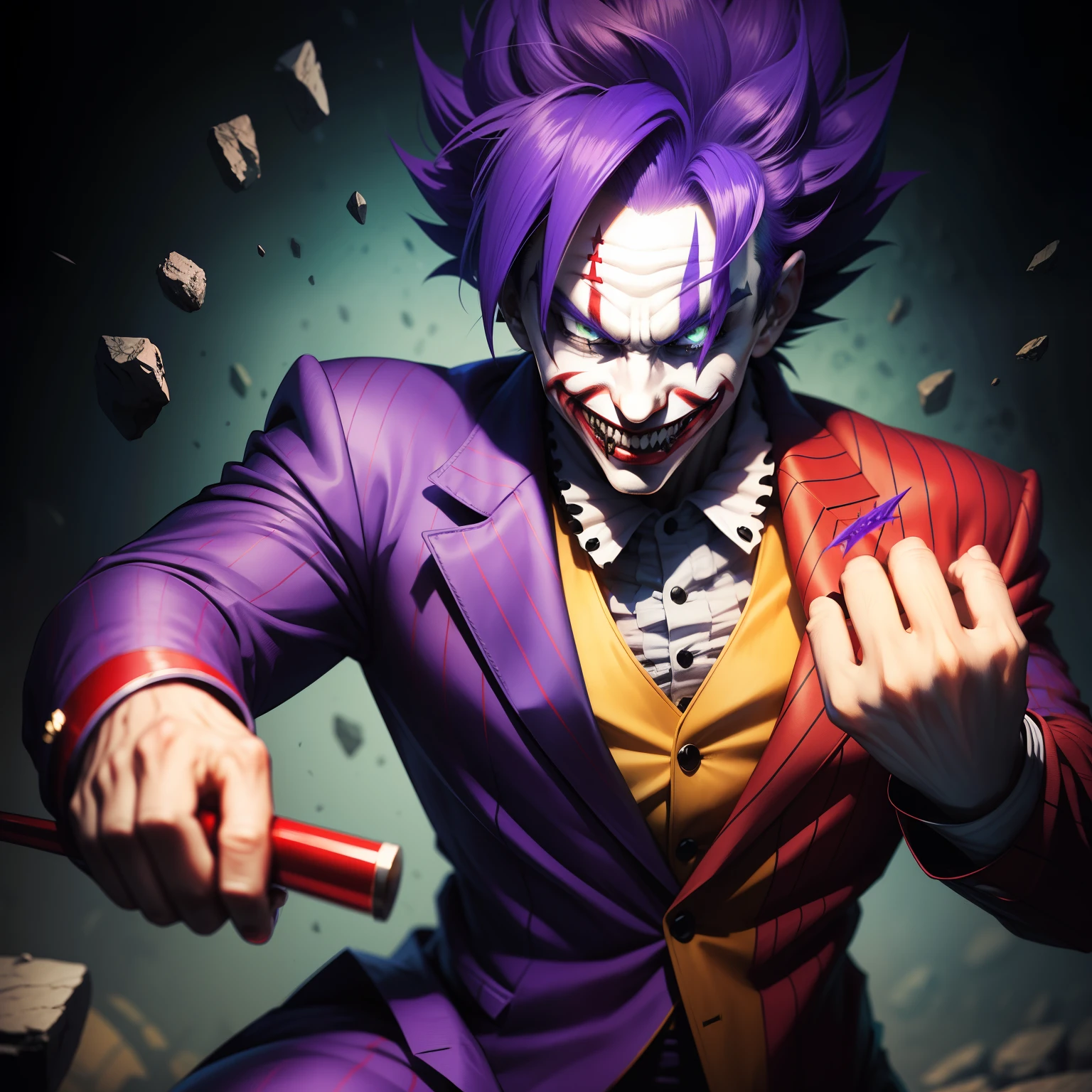 Joker: Clown with a knife in his mouth, smiling, with a look of astonishment and with a rock star outfit, transforming into a super Saiyan