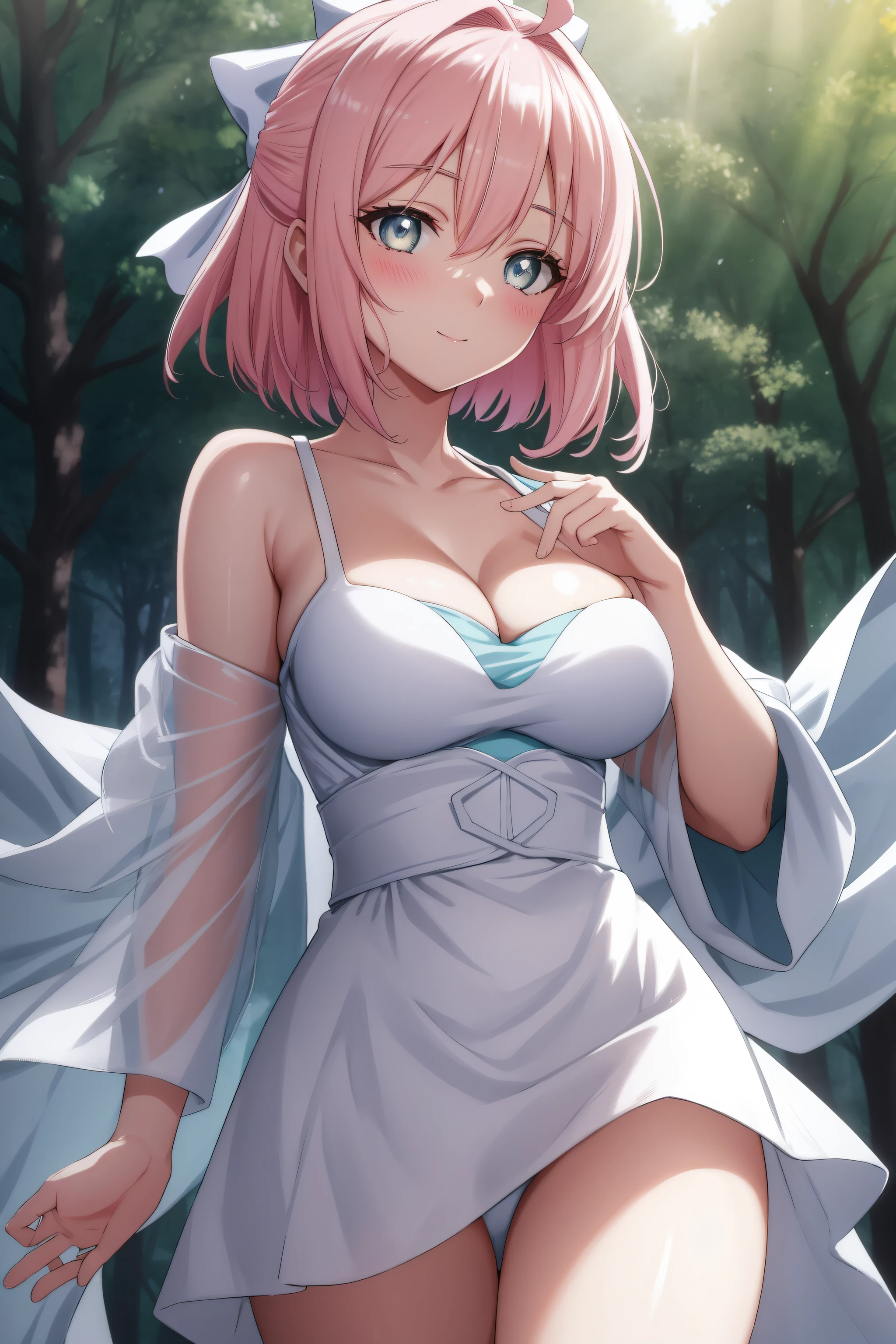 in a forest with fog and trees in the background and a light shining through her
white dress,head piece,bare_shoulders, collarbone,
okita souji, ahoge, pink hair, hair between eyes, (hair bow), (short hair:1.2), yellow eyes,
1 girl, 20yo,young female,Beautiful Finger,Beautiful long legs,Beautiful body,Beautiful Nose,Beautiful character design, perfect eyes, perfect face,
looking at viewer, (innocent_big_eyes:1.0),(expressionless:1.3),seductive anime girl.teasing smile, 
NSFW,official art,extremely detailed CG unity 8k wallpaper, perfect lighting,Colorful, Bright_Front_face_Lighting,
(masterpiece:1.0),(best_quality:1.0), ultra high res,4K,ultra-detailed,
photography, 8K, HDR, highres, absurdres:1.2, Kodak portra 400, film grain, blurry background, bokeh:1.2, lens flare, (vibrant_color:1.2)
(Beautiful,medium_Breasts:1.4), (beautiful_face:1.5),(narrow_waist),(perfect hands, perfect anatomy),