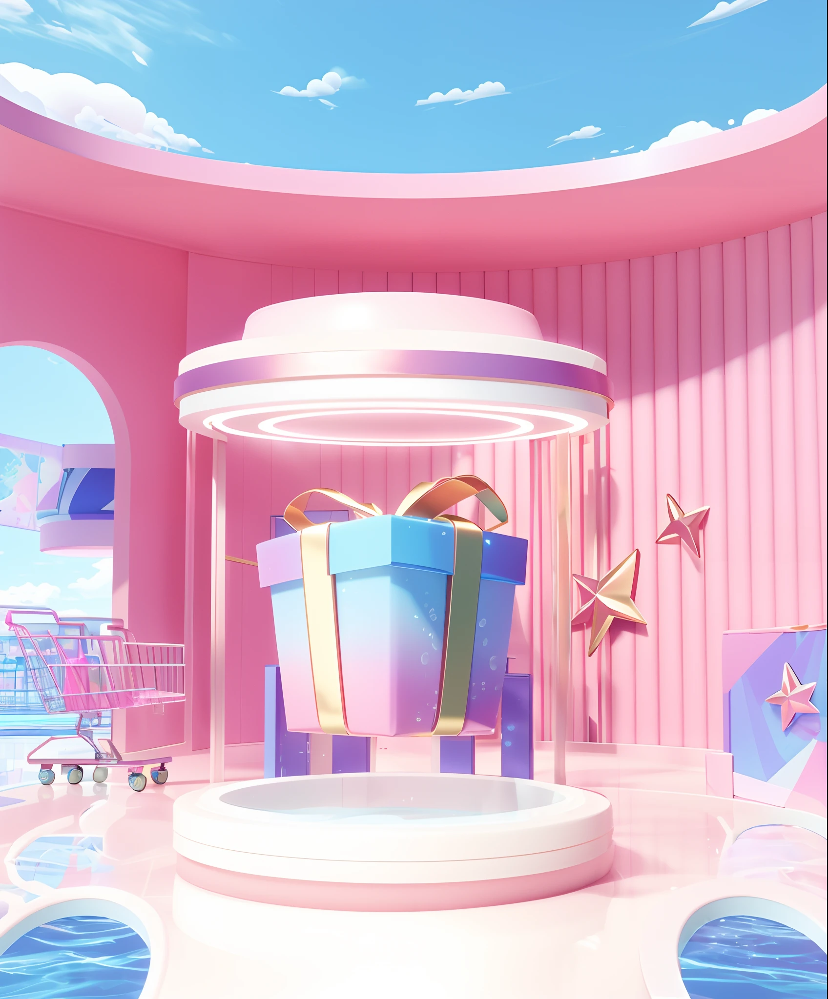 There was a pink room,There is a gift box and a shopping cart, mall background, vaporwave mall aesthetic, 3 d stylize scene, 3 D 插图, 3D illustration,pools of water, 3D scene, luxury item showcase, 3D scene, pastel colourful 3 d, 3 d render stylized, 8K,Ultra high quality