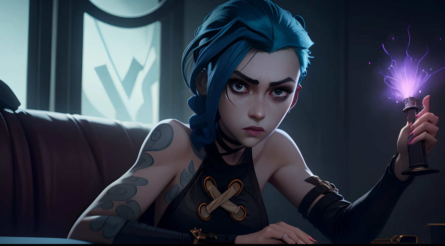 Jinx's character design, Dynamic movements, naked ass, bare breast, covers the chest with his hands, Swollen , butt, kitty, sexypose, Beautiful figure, Arcane's Jinx, Bright blue and purple sparks all around, glowing eyes, Pink glowing eyes, hairlong, hairsh, braided into long braids, Pigtails hang below the knee, Hair color changes from bright blue to navy blue, Dressed in brown breeches, Leather boots on the feet, Top with four gold circles on the chest in the middle of the chest, Blue cloud tattoos on shoulders and waist, Long bangs, hanging on the right side, Belt with cartridges on the belt, Arcane style, extremely detailed CG unity 8k wallpaper, detailed light, Cinematic lighting, chromatic aberration, glittering, expressionless, epic composition, dark in the background, Cherecter Desing, Very detailed, Detailed body, Vibrants, Detailed Face, sharp-focus, anime art, Vibrants, Detailed Face, Hugh Details, sharp-focus, Very drooping face, A detailed eye, super fine illustration, better shadow, finely detail, Beautiful detailed glow, Beautiful detailed, Extremely detailed, expressionless, epic composition,