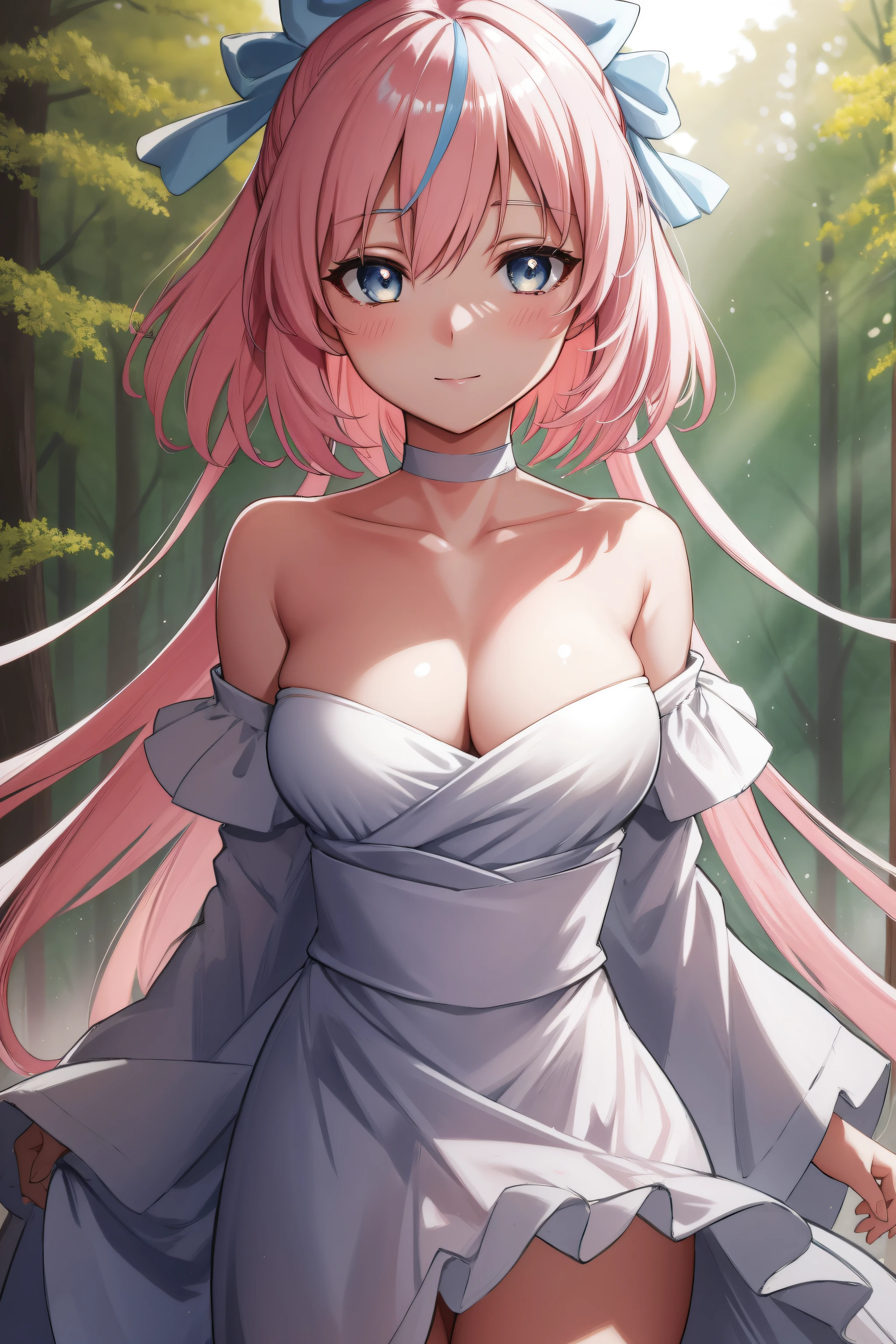 in a forest with fog and trees in the background and a light shining through her
white dress,head piece,bare_shoulders, collarbone,
okita souji, ahoge, pink hair, hair between eyes, (hair bow), (short hair:1.2), yellow eyes,
1 girl, 20yo,young female,Beautiful Finger,Beautiful long legs,Beautiful body,Beautiful Nose,Beautiful character design, perfect eyes, perfect face,
looking at viewer, (innocent_big_eyes:1.0),(expressionless:1.3),seductive anime girl.teasing smile,
NSFW,official art,extremely detailed CG unity 8k wallpaper, perfect lighting,Colorful, Bright_Front_face_Lighting,
(masterpiece:1.0),(best_quality:1.0), ultra high res,4K,ultra-detailed,
photography, 8K, HDR, highres, absurdres:1.2, Kodak portra 400, film grain, blurry background, bokeh:1.2, lens flare, (vibrant_color:1.2)
(Beautiful,medium_Breasts:1.4), (beautiful_face:1.5),(narrow_waist),(perfect hands, perfect anatomy),