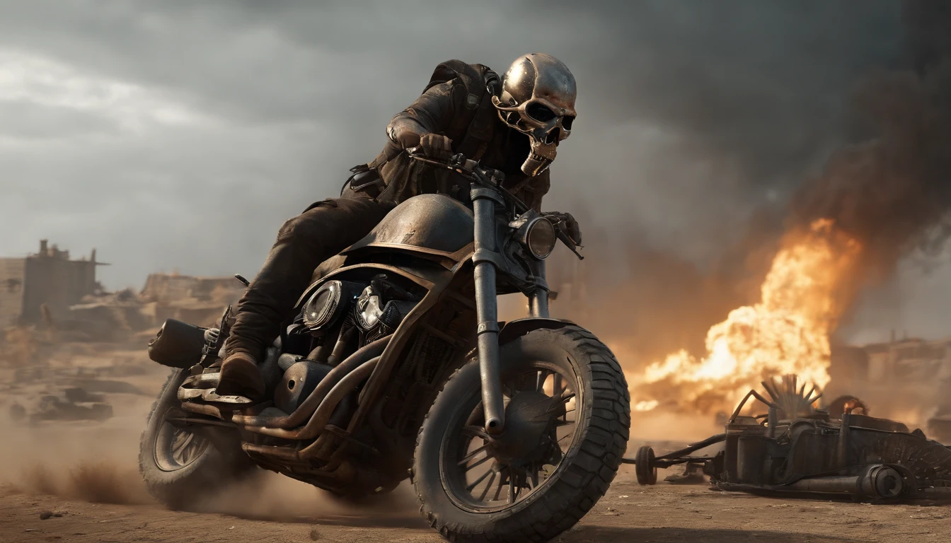 (Best quality,4K,8K,A high resolution,Masterpiece:1.2),Ultra-detailed, (Realistic,Photorealistic,photo-realistic:1.37),(((Post apocalyptic scenario, Desolate atmosphere, Dystopian city ruins)))，madmax，Skeleton on a motorcycle breathing fire