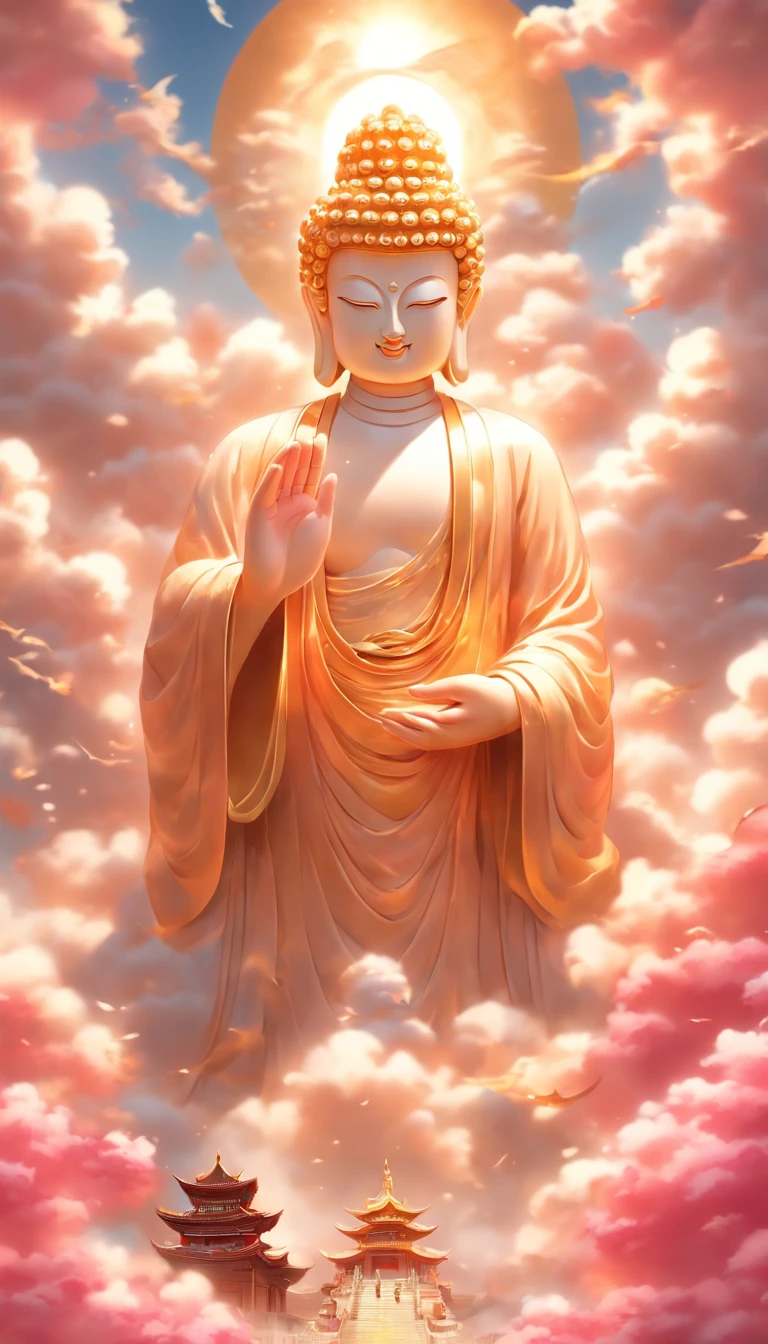 ((Meisterwerk)),(best quality)),Im Porzellan-Stil,am Himmel, Die Wolken bilden eine riesige, transparente, bright white jade maitreya Buddha statue,dicke Wolken,Die Sonne scheint,Pilger unterwegs,hyperrealistisch,Ultra-Foto-Realisim,Echte Photographie,8K,hight resolution,High quality,Werke von Meistern,superfein,(((OC-Renderer)))