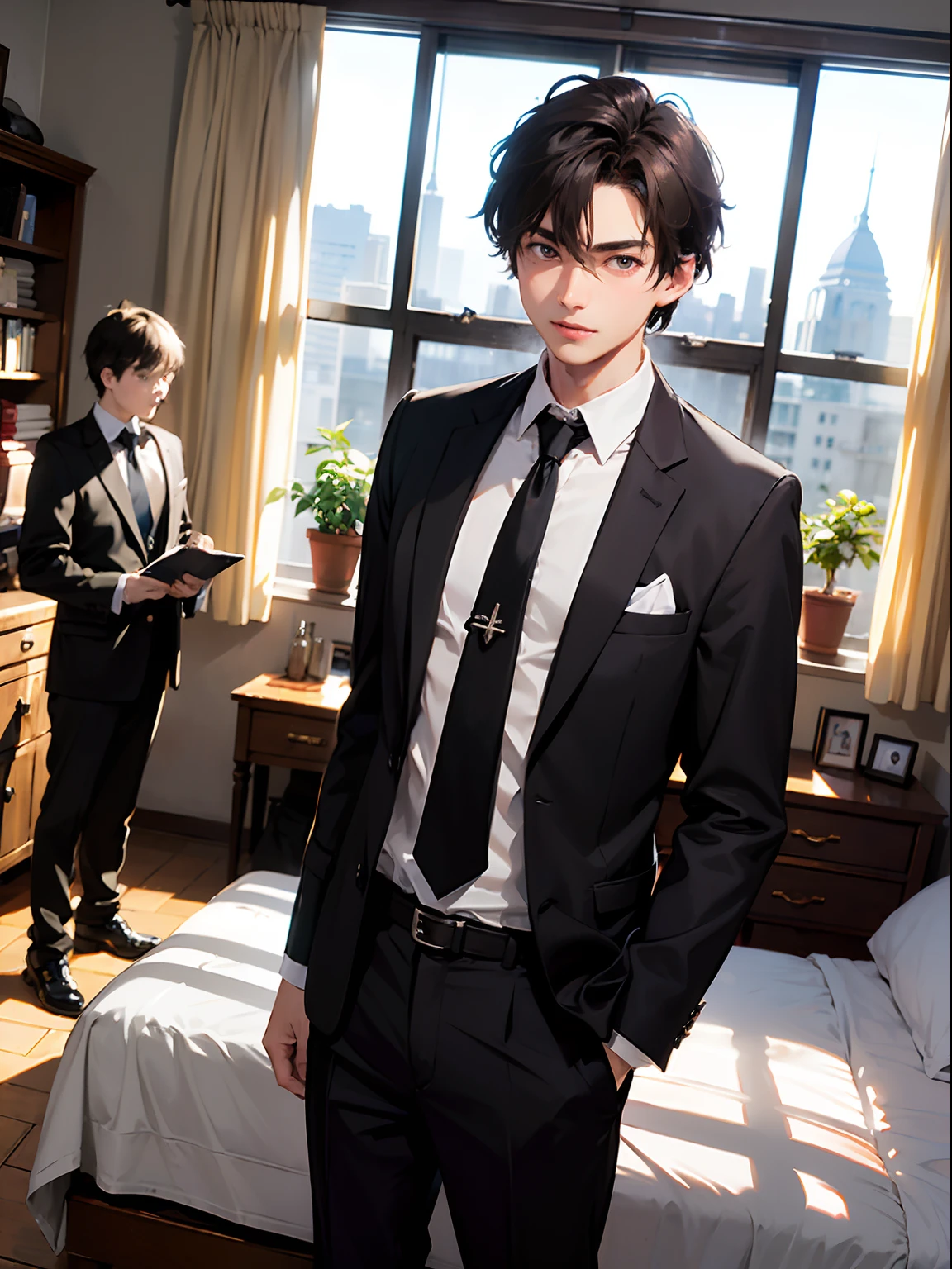 2boys,11 only、(Man's :2),(bobhair:1.5)、A dark-haired、Brown hair、Undress、chum、Brightly colored ties、Cluttered rooms、Twilight,Natural lighting、hightquality、masutepiece,8K,hight resolution、