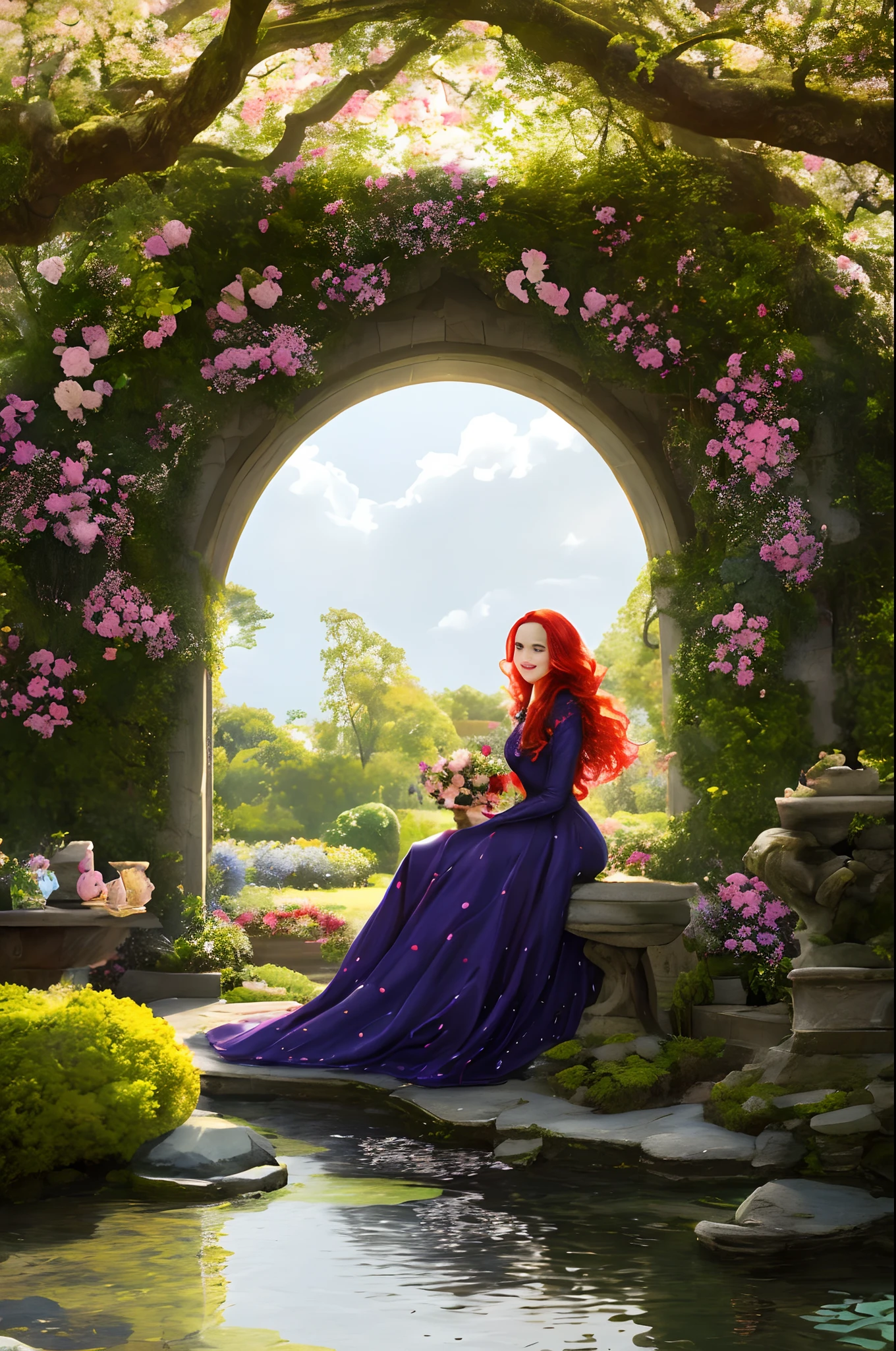 In a picturesque garden, under the gentle caress of the sun's golden rays, a breathtaking tableau unfolds. At the forefront, a striking red-haired girl graces the scene with her ethereal presence. Her fiery locks cascade in radiant waves, framing her freckled face like stardust sprinkled upon porcelain. Her eyes, pools of emerald, sparkle with an inner light, and a mischievous smile plays upon her lips, reflecting the mirth of a thousand enchanting moments.

Her attire, a resplendent floral dress, swirls around her like a canvas painted by nature itself. It blooms with a riot of colors, as if the garden's blossoms had conspired to dress her in their finest petals. The dress's fabric dances in harmony with the breeze, creating a symphony of beauty and grace.

Facing this radiant vision stands a tall and regal prince, his dark hair a stark contrast to the vibrant red of the enchantress before him. Clad in a clear and impeccably tailored suit, he exudes an air of sophistication and charm. His presence commands the garden's attention, a fitting match for the resplendent girl who has captured his gaze.

The garden itself, a tapestry of nature's splendor, serves as a magnificent backdrop to this scene. Blossoms of every hue sway in the gentle wind, creating a fragrant paradise of colors and scents. Trees with verdant canopies provide a sheltering embrace, while a babbling brook adds a soothing serenade to the ambiance.

Together, in this enchanting garden, the red-haired maiden and the princely figure stand face to face, a living tableau of beauty, elegance, and perhaps the promise of a timeless love story.