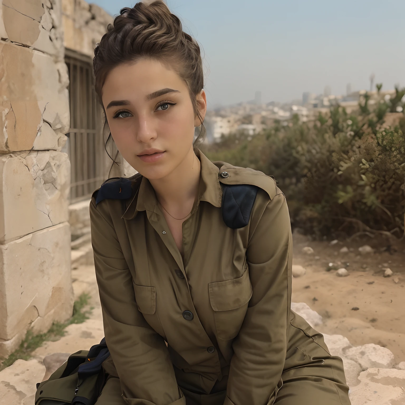 RAW photo, a portrait photo of fadeev , full bodyesbian, Natural skin, 8K  UHD, High quality, filmgrain, Dynamic pose, Hair in a bun, israeli uniform, tel aviv