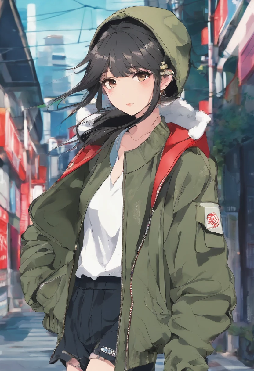 Half body shot in a dynamic, action pose. Cool, beautiful, youthful and sexy 20 year old woman wearing an army green bomber jacket holding a katana high, her head tilted slightly upwards, hair is graying white in a bob cut, midrib exposed. Cinematic composition. Jacket with cool embroidery from western pop culture. Shot on 70mm lens. Illustration for urban fantasy. Background should have red.