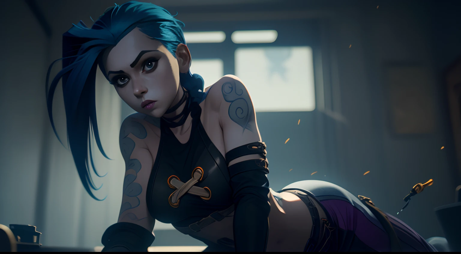 Jinx's character design, Dynamic movements, naked ass, bare breast, covers the chest with his hands, Swollen ,  butt, kitty, sexypose, Beautiful figure, Arcane's Jinx, Bright blue and purple sparks all around, glowing eyes, Pink glowing eyes, hairlong, hairsh, braided into long braids, Pigtails hang below the knee, Hair color changes from bright blue to navy blue, Dressed in brown breeches, Leather boots on the feet, Top with four gold circles on the chest in the middle of the chest, Blue cloud tattoos on shoulders and waist, Long bangs, hanging on the right side, Belt with cartridges on the belt, Arcane style, extremely detailed CG unity 8k wallpaper, detailed light, Cinematic lighting, chromatic aberration, glittering, expressionless, epic composition, dark in the background, Cherecter Desing, Very detailed, Detailed body, Vibrants, Detailed Face, sharp-focus, anime art, Vibrants, Detailed Face, Hugh Details, sharp-focus, Very drooping face, A detailed eye, super fine illustration, better shadow, finely detail, Beautiful detailed glow, Beautiful detailed, Extremely detailed, expressionless, epic composition,