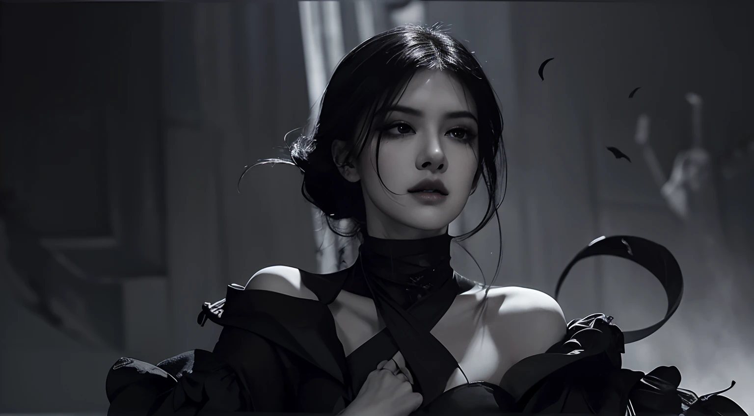 (best quality, highres),black dress,black hair,black petals,black theme,no lights,black ninja,dark shadows,dramatic atmosphere,exquisite details,perfect composition,subtle textures,contrasting colors,sleek design,graceful movement,sharp edges,emotive expression,extraordinary pose,mysterious aura,striking contrast,modern art style,intense emotions,masterful brushstrokes,vibrant black tones,sophisticated elegance,fierce and powerful,mesmerizing intensity,artistic vision,black abyss,illusion of depth,enigmatic beauty,ethereal presence,impressive artwork,hauntingly beautiful, dark theme, black background, black rose, dark ninja, intense gaze, flowing dress, detailed facial features, long eyelashes, contrast, fine details, dramatic atmosphere, gothic style, intense emotions, monochrome color palette, captivating setting, haunting beauty, artistic photography, everything is black