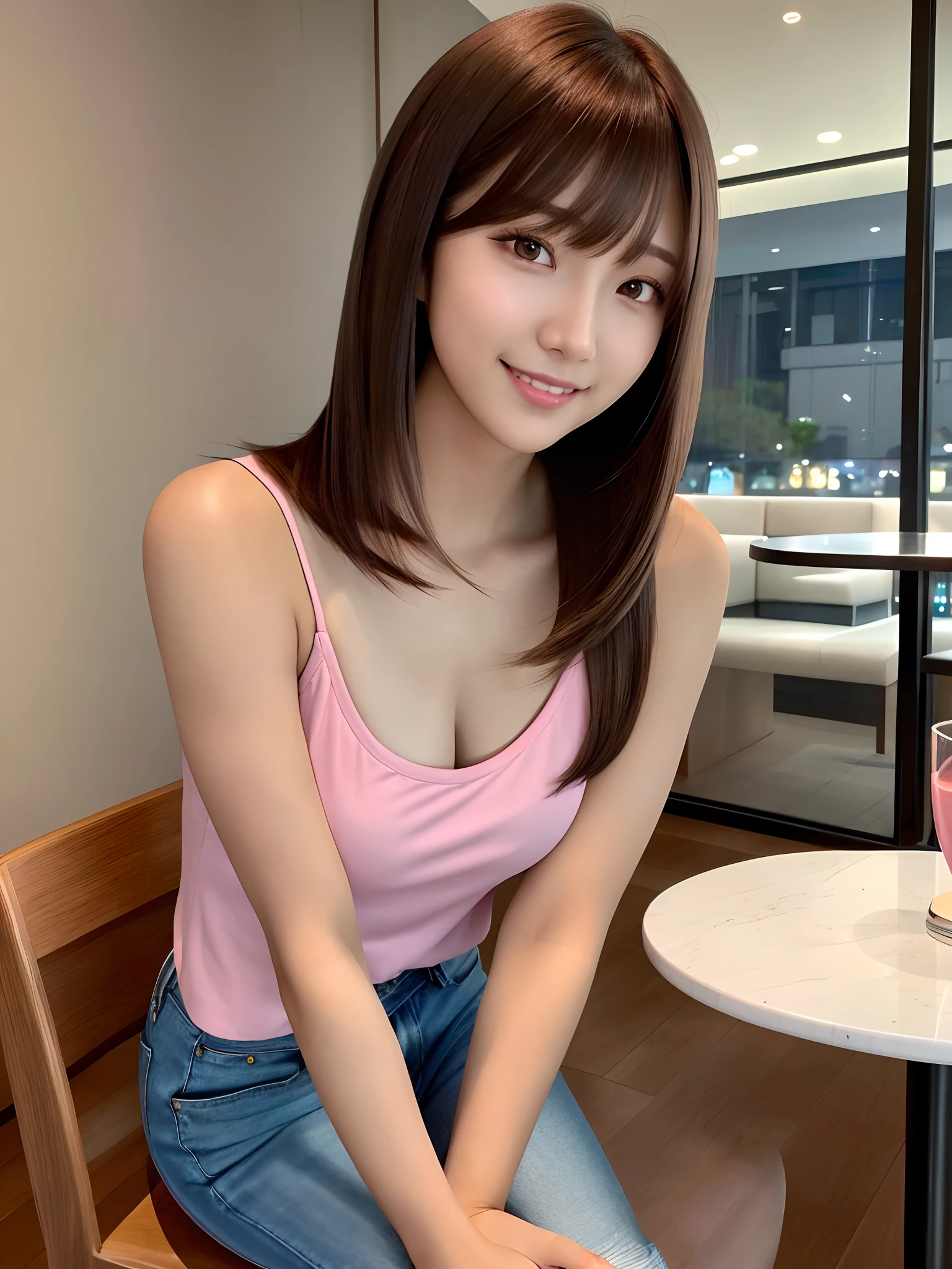 product quality, 1 girl, a upper body shot, front view, a Japanese young pretty girl, long bob hair, sitting on a chair in front of a table in a luxury restaurant in the night, many dishes on the table, a big smile, glamorous figure, wearing a satin pink camisole, wearing short jeans, hyper cute face, glossy lips, double eyelids for both eyes, natural makeup, shiny smooth light brown long bob hair, asymmetrical bangs, central image, high resolution, high detailing, detailed hairstyle, detailed face, cinematic lighting, octane rendering, vibrant, hyper realistic, perfect limbs, perfect anatomy