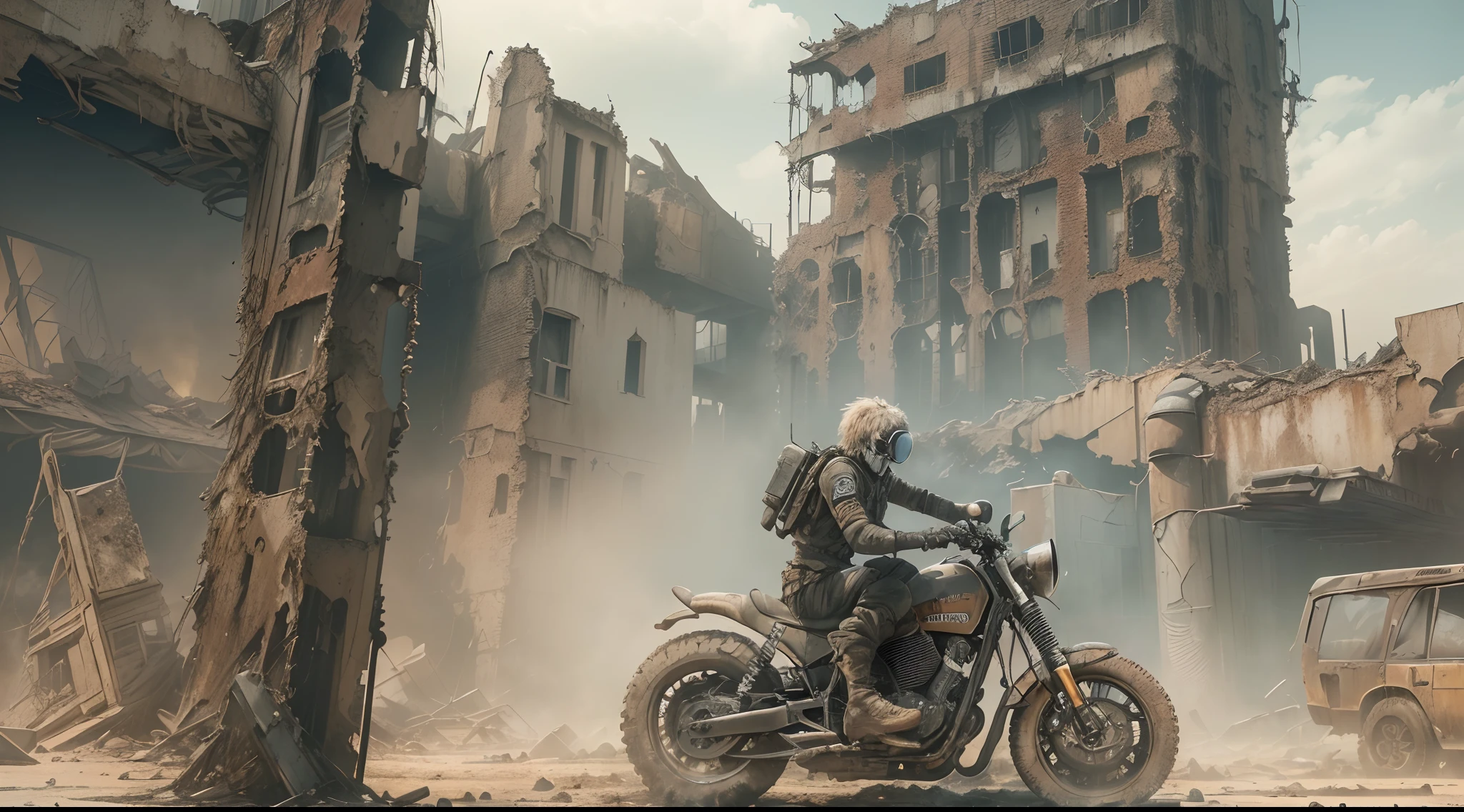 (Best quality,4K,8K,A high resolution,Masterpiece:1.2),Ultra-detailed, (Realistic,Photorealistic,photo-realistic:1.37),(((Post apocalyptic scenario, Desolate atmosphere, Dystopian city ruins))),madmax,Skeleton on a motorcycle breathing fire