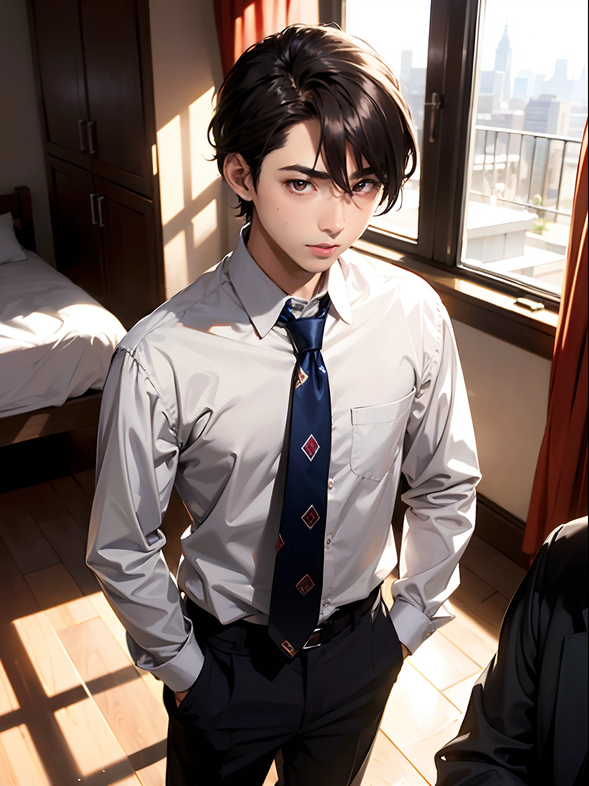 Highest quality,Highest Resolution,Man tying a tie,indoor,