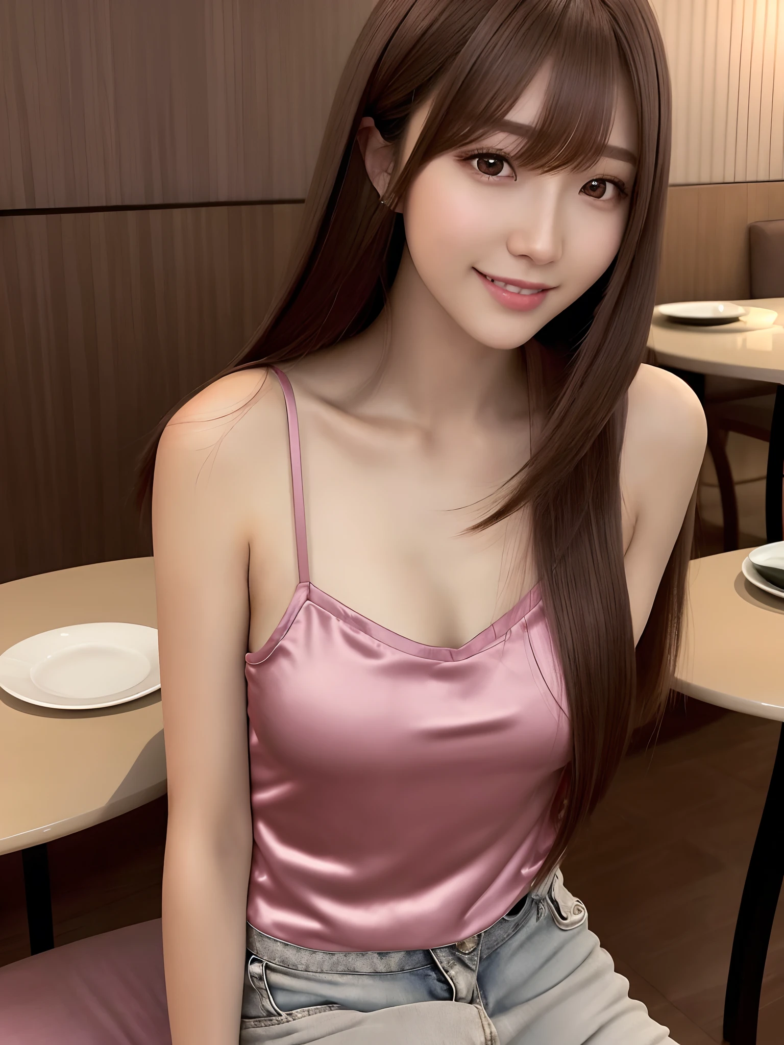 product quality, 1 girl, a upper body shot, front view, a Japanese young pretty girl, long bob hair, sitting on a chair in front of a table in a luxury restaurant in the night, many dishes on the table, a big smile, glamorous figure, wearing a satin pink camisole, wearing short jeans, hyper cute face, glossy lips, double eyelids for both eyes, natural makeup, shiny smooth light brown long bob hair, asymmetrical bangs, central image, high resolution, high detailing, detailed hairstyle, detailed face, cinematic lighting, octane rendering, vibrant, hyper realistic, perfect limbs, perfect anatomy