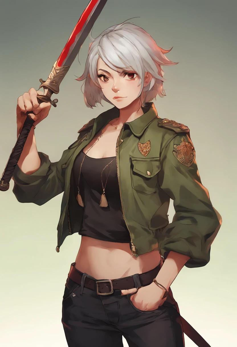 Half body shot in a dynamic, action pose. Cool, beautiful, youthful and sexy 20 year old woman wearing an army green bomber jacket holding a katana high, her head tilted slightly upwards, hair is graying white in a bob cut, midrib exposed. Cinematic composition. Jacket with cool embroidery from western pop culture. Shot on 70mm lens. Illustration for urban fantasy. Background should have red.