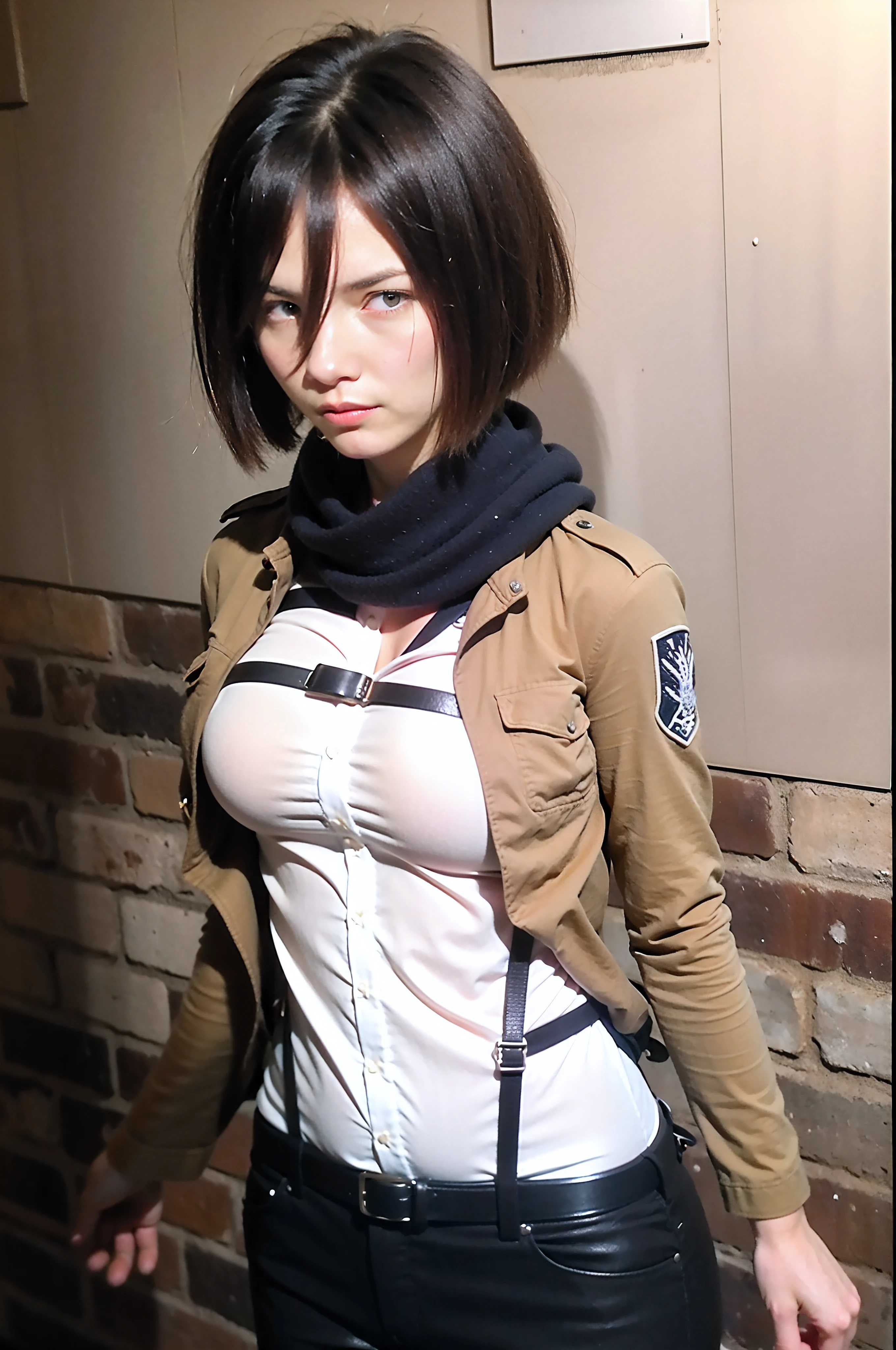 there is a woman in a brown jacket and black pants, looking like annie leonhart, mikasa ackerman from attack on titan, High quality image, masterpiece, detailed hair texture, detailed skin texture, detailed cloth texture, 8k, add fabric details, ultra detailed skin texture, ultra detailed photo, skin pores, cloth details, high skin details, realistic hair details