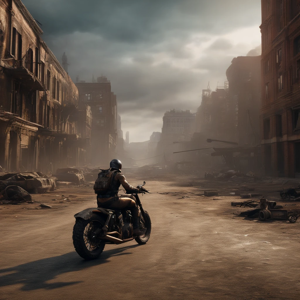 (Best quality,4K,8K,A high resolution,Masterpiece:1.2),Ultra-detailed, (Realistic,Photorealistic,photo-realistic:1.37),(((post apocalyptic city, Desolate atmosphere, Dystopian scenes))),madmax,Spitfire on a motorcycle