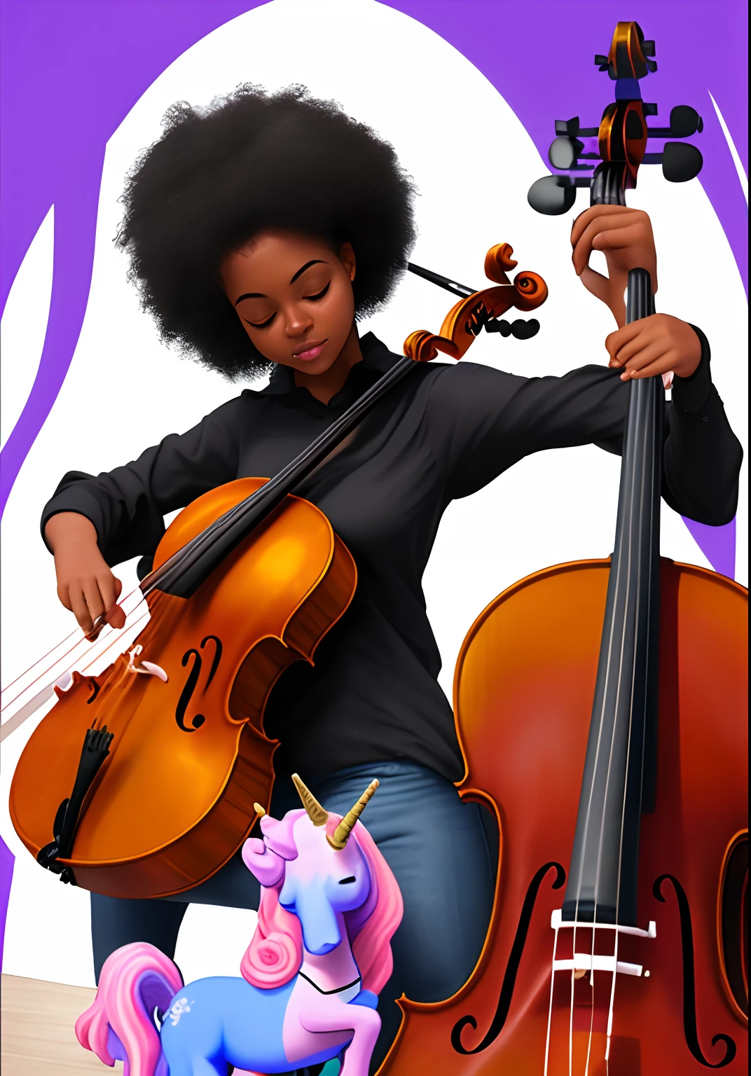 Playing a cello while riding a unicorn realistic black girl
