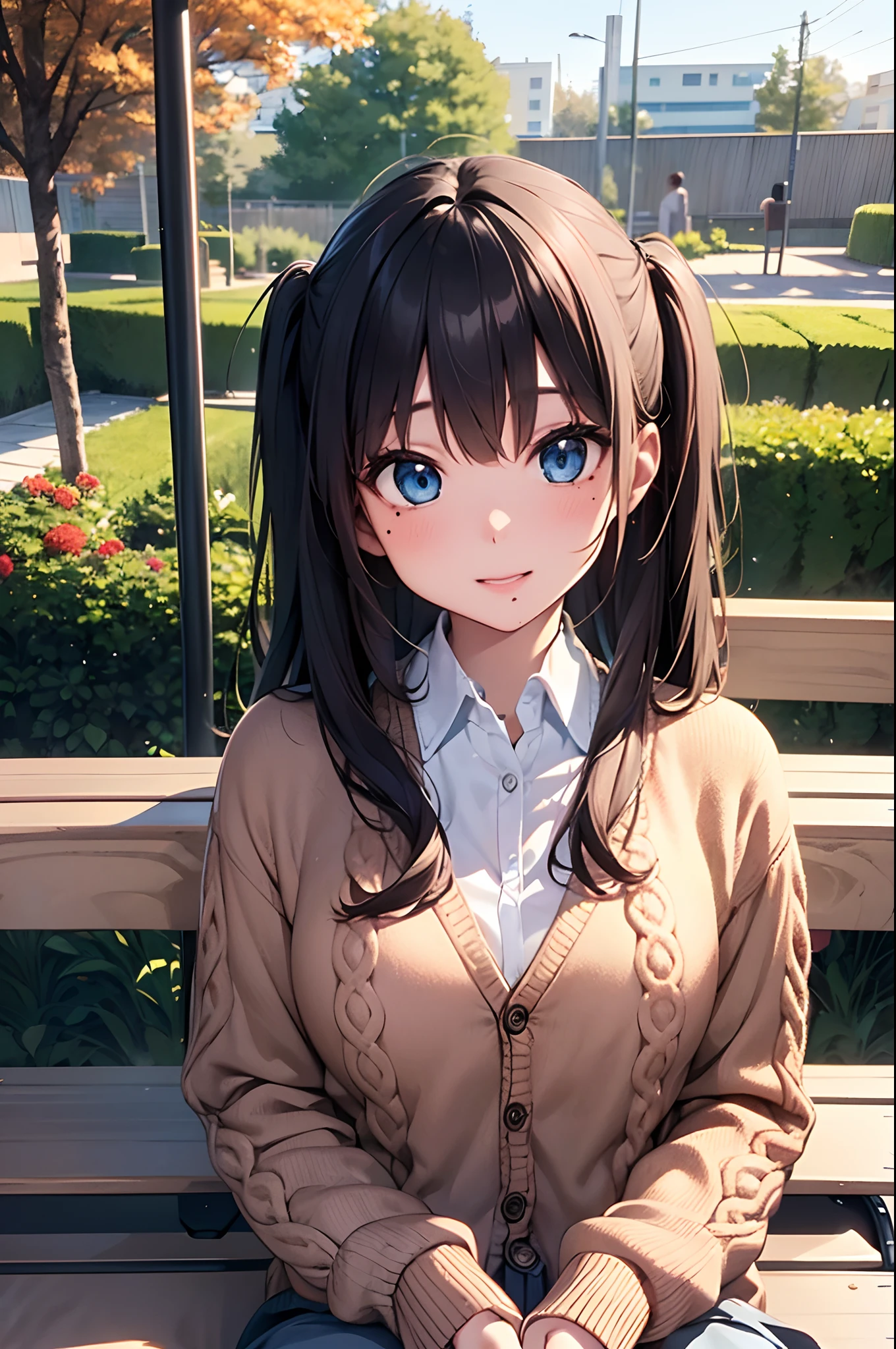 (Girl with a nasty appearance:1.3)、(Daytime:1.5)、(and chest:1.4)、Raw photography, top-quality, hight resolution, (masterpiece), (Photorealsitic:1.4), (Mole under the eyes),Anime Cosplay, foco nítido, nffsw, 8K分辨率, intricate detailes, depth of fields, the Extremely Detailed CG Unity 8K Wallpapers, front lit, femele,25-years old、 Happy face,(Side-up bank:1.5)、see -through、(Medium brown hair)、blue eyess,(Garden benches:1.5)、(cardigan:1.3)、(picnic)、autumnal