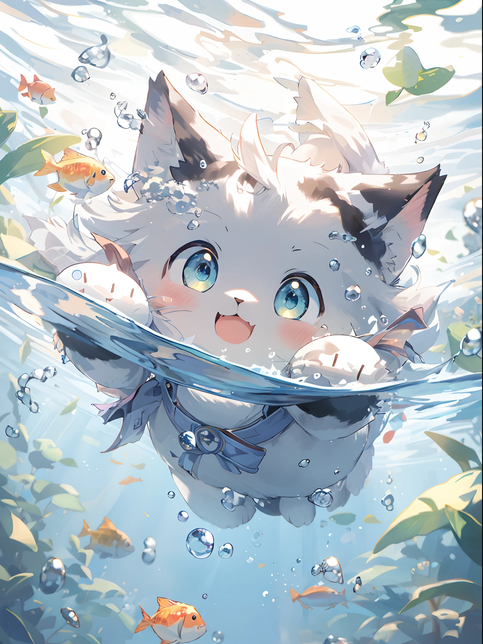 Anime cat in the water,fish around, anime visual of a cute cat, trending on artstation pixiv, Cute detailed digital art, a cat swimming in water, wallpaper anime blue water, anime cat, clean and meticulous anime art, Pisif Contest Champion, Pisif, Guweiz in Pixiv ArtStation, Splash art anime , cute detailed artwork