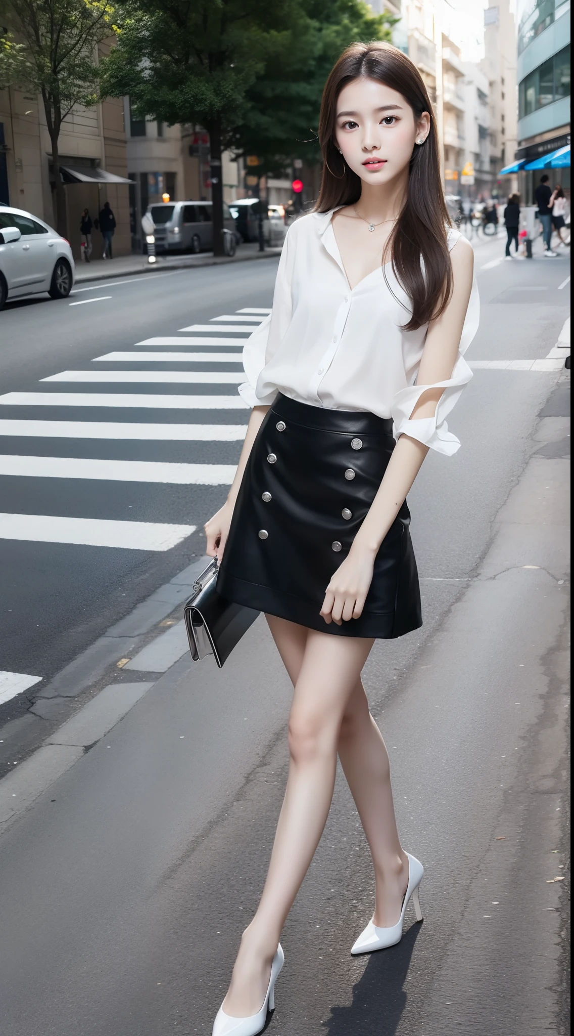 Ultra-clear resolution，top Quority，Wonderful young girl，ear studs，Clear  eyes，plain face，Gloss on lips，s the perfect face，White skin，Perfect chest，Slender legs，Casual clothes，black heels，street