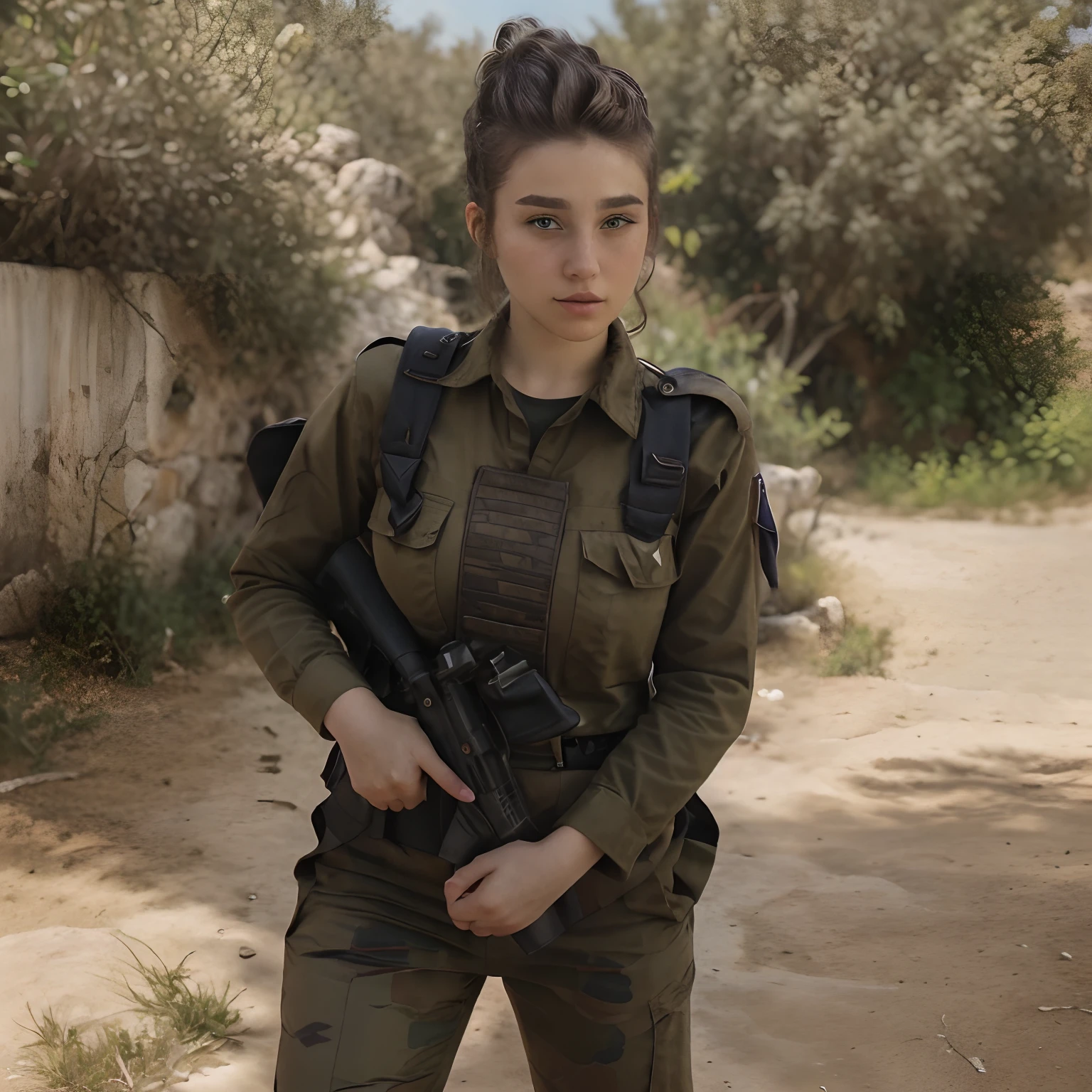 RAW photo, a portrait photo of fadeev , full bodyesbian, Natural skin, 8K  UHD, High quality, filmgrain, Dynamic pose, full bodyesbian，Hair in a bun, israeli uniform, battlefiled，Tactical moves