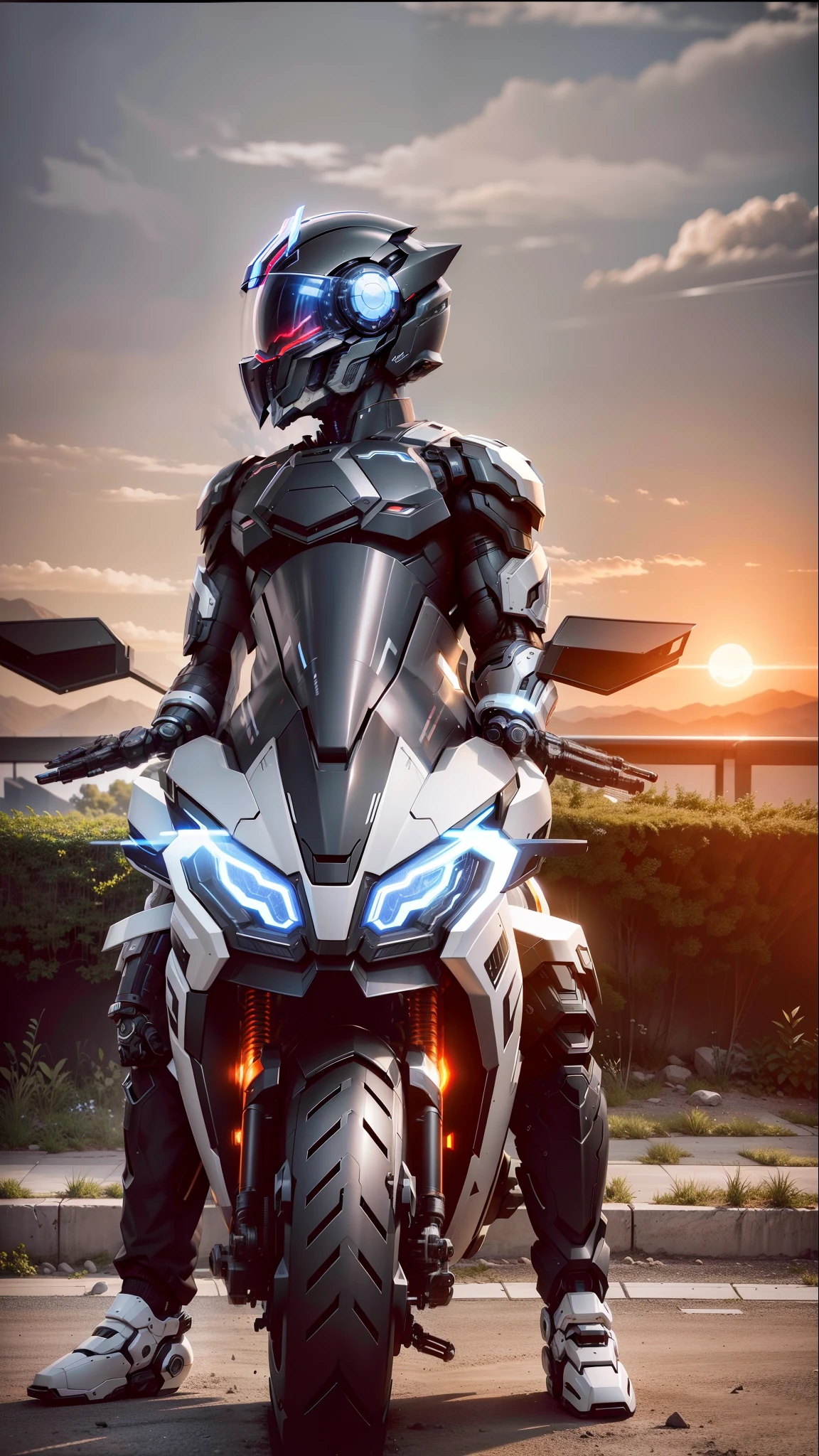Handsome full body black mecha white short hair cyber handsome warrior, black cyber mechanical motorcycle, high-tech black full surround helmet, white short hair, Nousr, biomechanics, MSHN robot man, high-tech helmet, surreal, steel, complex design, crazy details, fine details, extremely clear lines, cinematic lighting, photo realism, detailed masterpiece