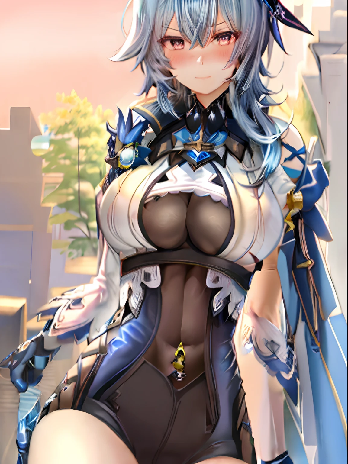 1girl, bangs, blue hair, blush, breasts, smug,eyebrows visible through hair, hair between eyes, huge breasts ,solo, thighhighs,walking,crossed knees,ass focus,(highleg),barehanded, (five fingers), Nude