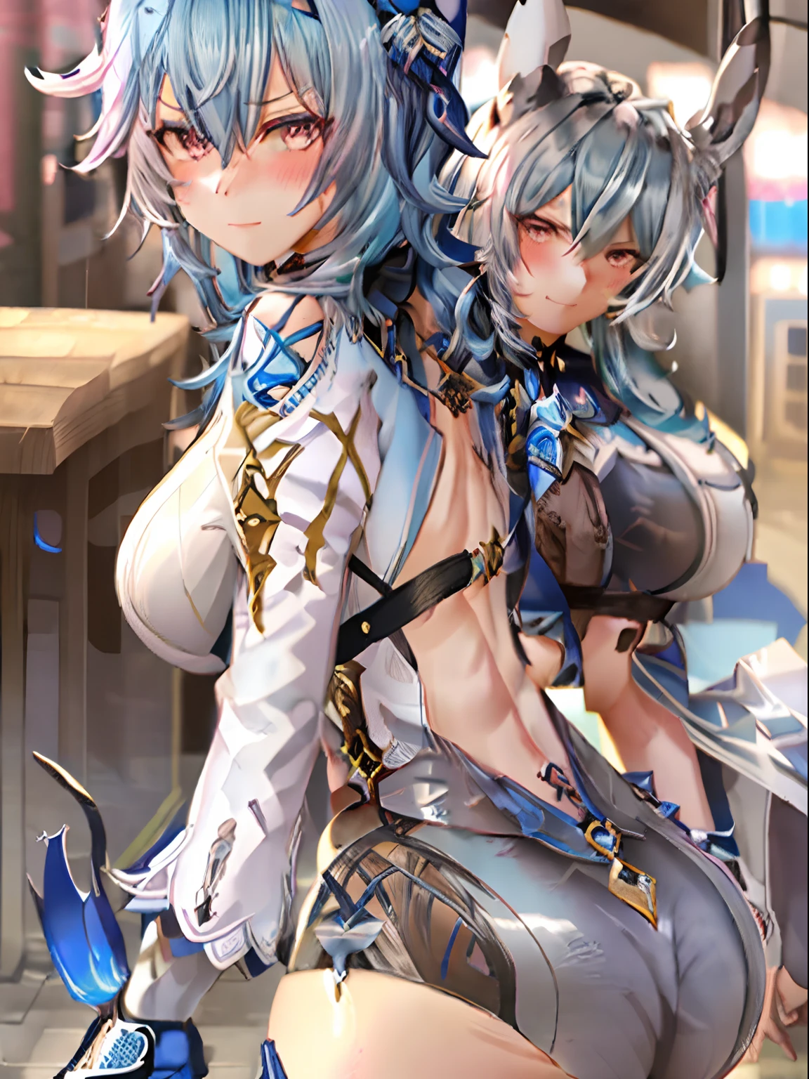 1girl, bangs, blue hair, blush, breasts, smug,eyebrows visible through hair, hair between eyes, huge breasts ,solo, thighhighs,walking,crossed knees,ass focus,(highleg),barehanded, (five fingers), Nude