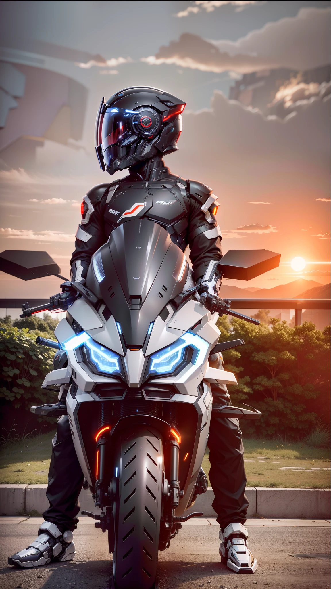Handsome full body black mecha white short hair cyber handsome warrior, black cyber mechanical motorcycle, high-tech black full surround helmet, white short hair, Nousr, biomechanics, MSHN robot man, high-tech helmet, surreal, steel, complex design, crazy details, fine details, extremely clear lines, cinematic lighting, photo realism, detailed masterpiece