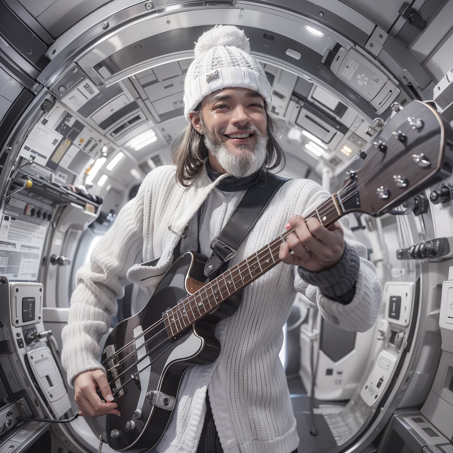 Delighted man happy to raise hand Beleza perfeita pele branca bonita Olhos belos Olhe para os espectadores Glossy Lips lovely smile Cabelos escuros Knitted hats Have an electric bass is standing Um traje de pirulito futurista desenhado em branco e preto funcional fone de ouvido Inside the spacecraft