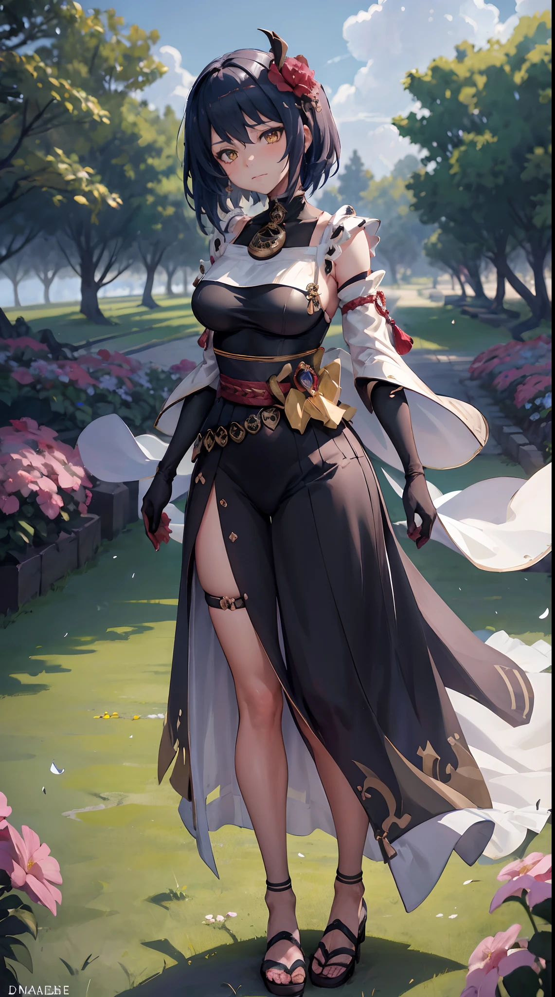 Kujou Sara| genshin impact, master-piece, bestquality, 1girls,25 years old, proportional body, proportional., Wedding Dresses, White Wedding Dress, Long skirt, Big skirt, mediuml breasts, ,bara, choker, Standing in the middle of a flower garden, outdoor, The sky is beautiful, arm behind back, View viewers from the front., Thigh strap, Head tilt, bored, HD, slight smile,