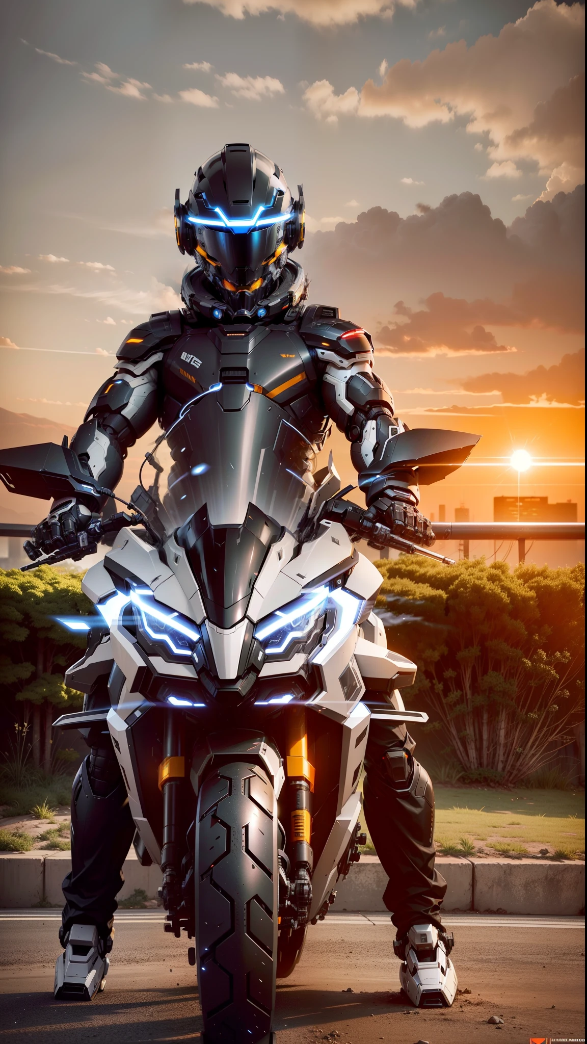 Handsome full body black mecha white short hair cyber handsome warrior, black cyber mechanical motorcycle, high-tech black full surround helmet, white short hair, Nousr, biomechanics, MSHN robot man, high-tech helmet, surreal, steel, complex design, crazy details, fine details, extremely clear lines, cinematic lighting, photo realism, detailed masterpiece