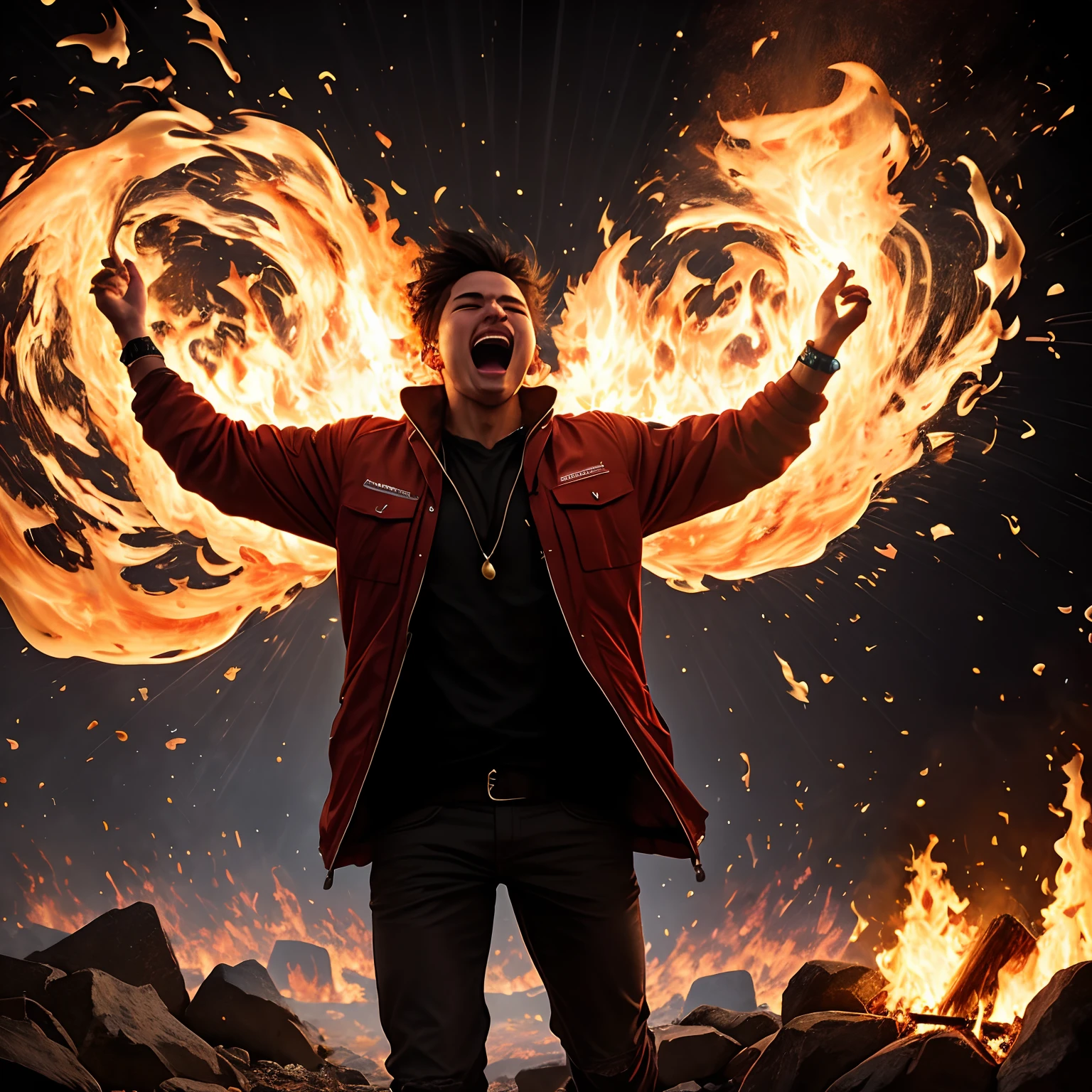 In this image, there's a roaring fire burning inside a man, an endless source of energy, vibrant with color and vitality. Within this portrayal, we witness a heart beating fiercely, pulsating with fervor, surrounded by a mesh of creative ideas and ceaseless aspirations. It's a depiction of an unstoppable force, an embodiment of passion that fuels the human spirit. The image captures the essence of boundless enthusiasm, creativity, and an unyielding desire for more, illustrating the infinite potential that resides within the human soul.