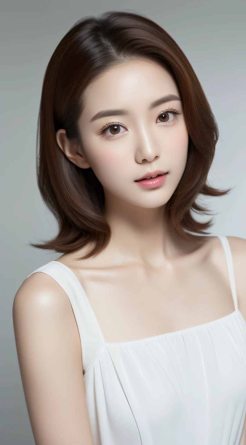Realistic photo of 1 cute Korean star, Medium hair, Meticulous hair, White skin, thin makeup,,wearing white outfit, Close-up portrait, hyper HD,frontage,Forehead exposed,Full forehead,revealing upper body,Don't obscure the character,Model the face,with light glowing,Face the camera head-on,Do not cover the arms with your upper body,Youth and beauty