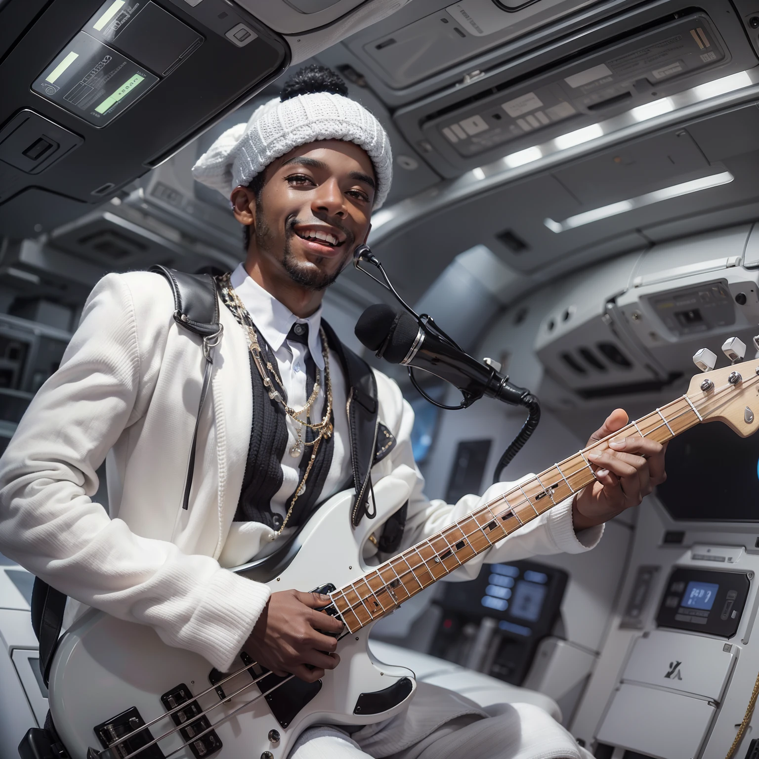 Delighted black man happy to raise hand Beleza perfeita pele branca bonita Olhos belos Olhe para os espectadores Glossy Lips lovely smile Cabelos escuros Knitted hats Have an electric bass is standing Um traje de pirulito futurista desenhado em branco e preto funcional fone de ouvido Inside the spacecraft