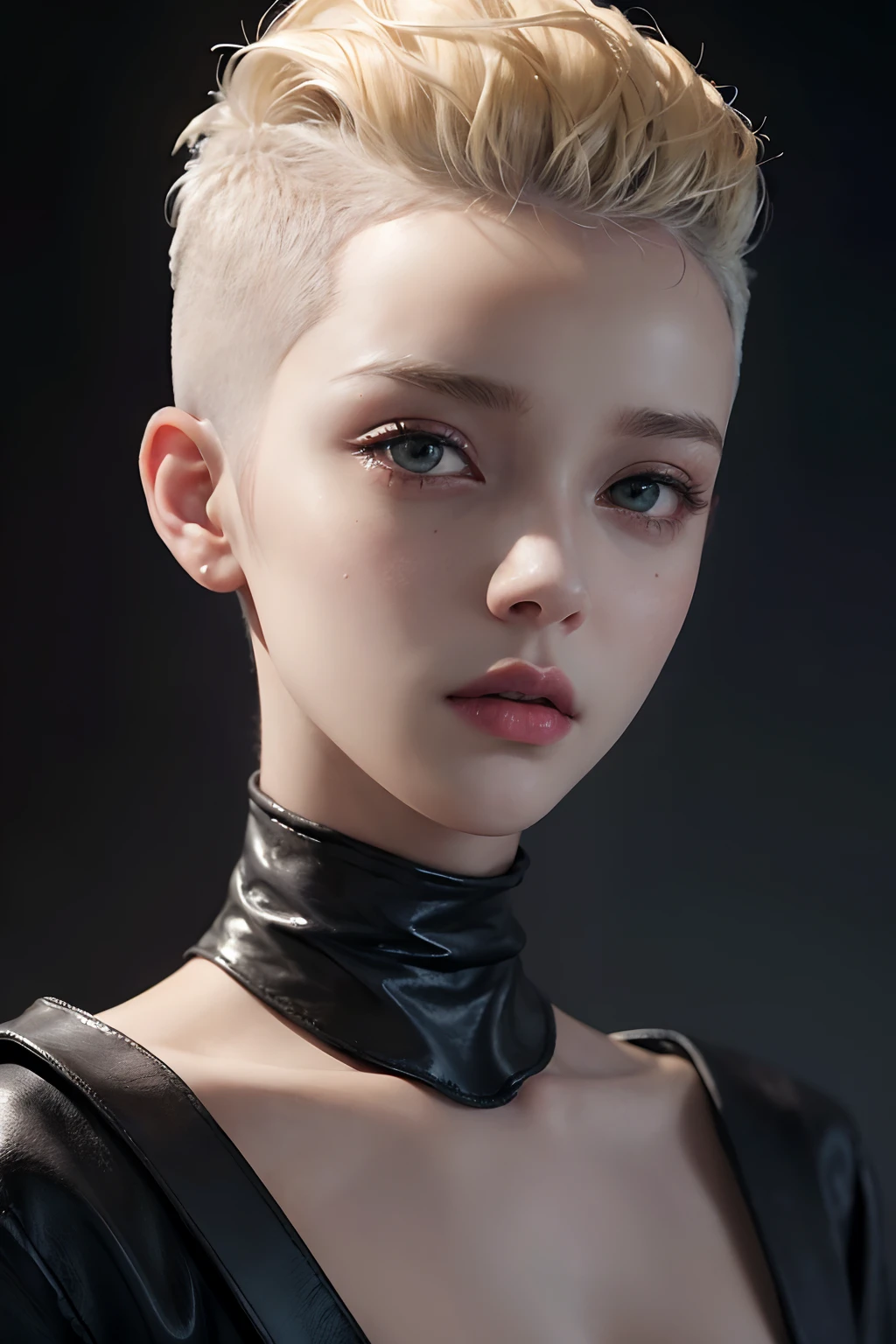 a 20 yo woman, blonde, (hi-top fade:1.3), dark theme, soothing tones, muted colors, high contrast, (natural skin texture, hyperrealism, soft light, sharp)