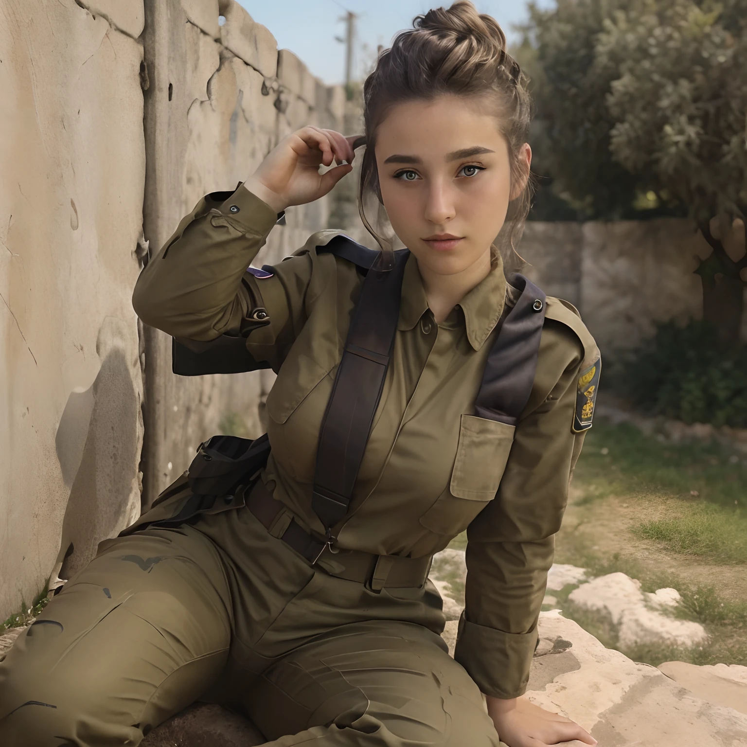 RAW photo, a portrait photo of fadeev , full bodyesbian, Natural skin, 8K  UHD, High quality, filmgrain, full bodyesbian，Hair in a bun, israeli uniform, battlefiled，Tactical moves