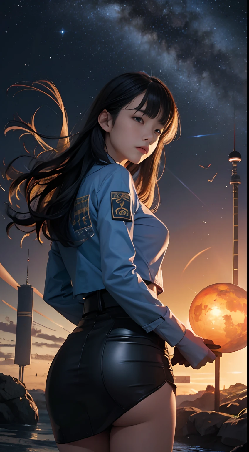 Katsuhiro Otomo, Masamune Shirow, Surreal, mysterious, bizarre, fantastical, fantasy, Sci-fi, Japanese anime, matter is made of atoms, from atoms to elementary particles, Newton and universal gravitation, light is a wave, light is a particle, miniskirt high school girl riding waves, quantum chromodynamics, matter of the universe History Expanding Universe and Nucleosynthesis, detailed masterpiece