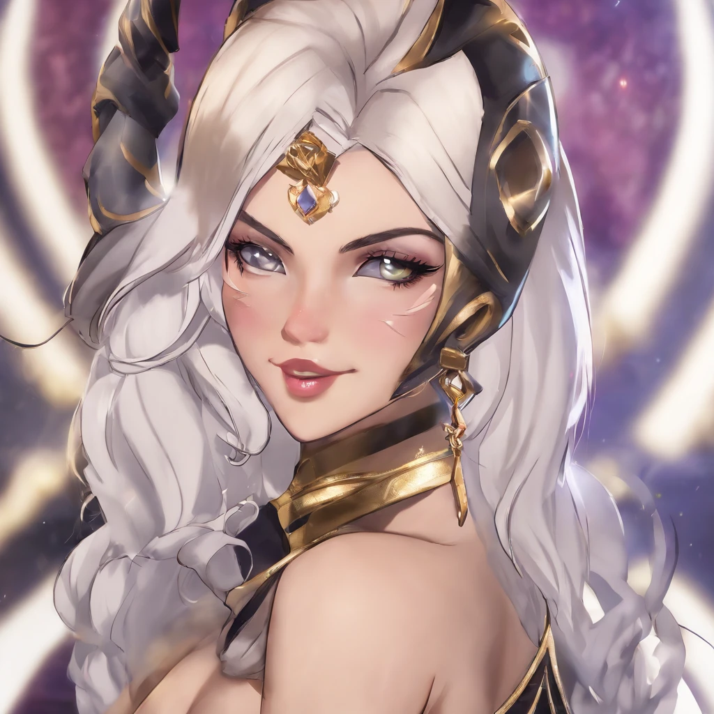 k/da_ahri, 1girl, ahri (league of legends), breasts, animal ears, blonde hair, solo, fox ears, k/da (league of legends), long hair, cleavage, tail, whisker markings, looking at viewer, facial mark, choker, large breasts, bare shoulders, fox tail, jewelry, yellow eyes, upper body, multiple tails, bangs, shiny, collarbone, covered navel, earrings