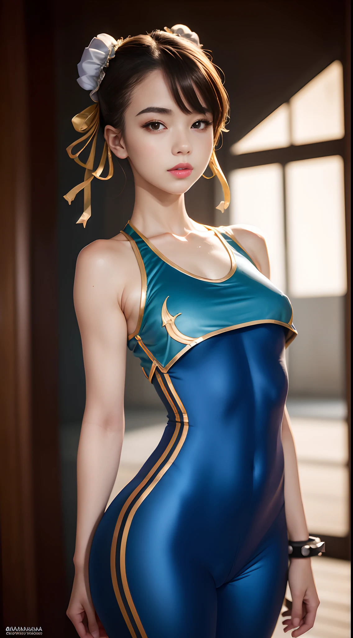 (Masterpiece, Best quality:1.4), (standing:1.5), 1girll, Solo, Shunfa Spring, blue tanktop, unitard, Blue pants, tightsuit, yellow ribbon, Short hair, Sneakers,  shoulders, (Young women in Europe:1), view the viewer, belo sorriso, Beautiful face, Highly detailed face, highly details eye, Subsurface scattering, Realistic pupils, full face blush, full pouty lips, Detailed background, Depth of field, voluminetric lighting, Sharp focus, absurderes, Realistic proportions, (Realistic, Hyperrealistic:1.4), 16K HD