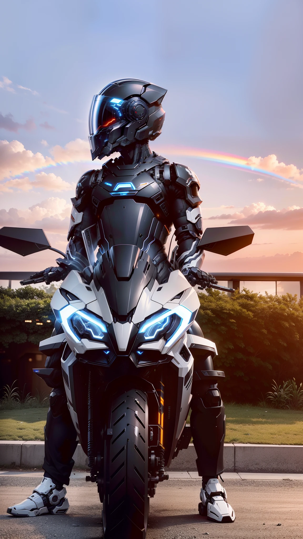Handsome full body black mecha white short hair cyber handsome warrior, black cyber mechanical motorcycle, high-tech black full surround helmet, white short hair, Nousr, biomechanics, MSHN robot man, high-tech helmet, surreal, steel, complex design, crazy details, fine details, extremely clear lines, cinematic lighting, photo realism, detailed masterpiece