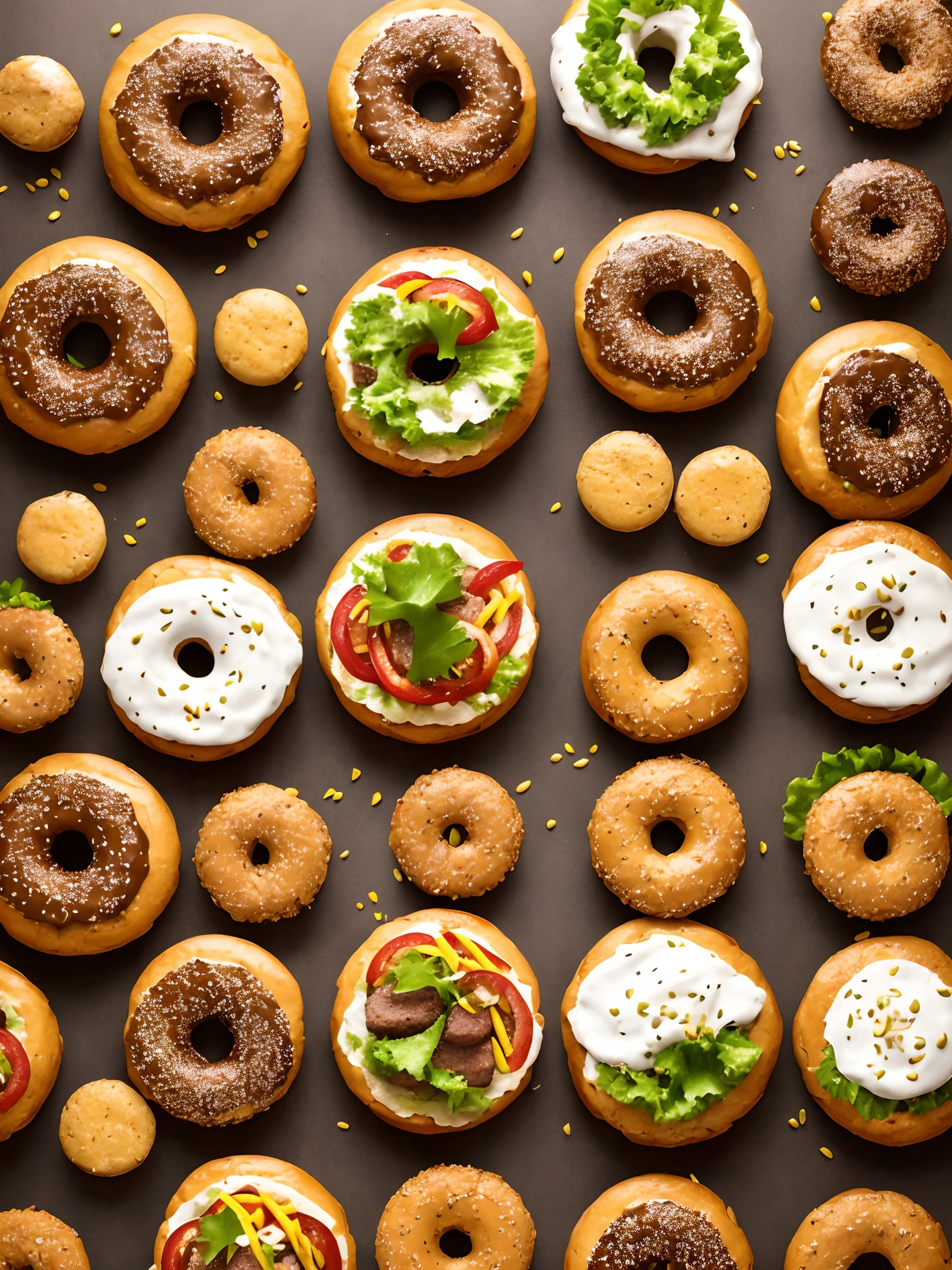 Rows of hamburgers,Lined up donuts,hyper realistic photography,Sizzle feeling,rock paper scissors,Compare,