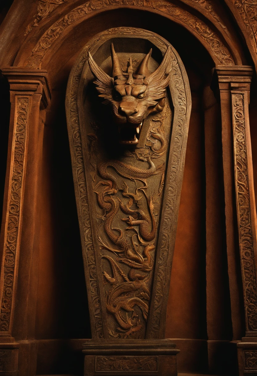 Stone coffin，There is a dragon inlay，Rich coffin，Hanging coffin，detail-rich，k hd，Perspective looking up