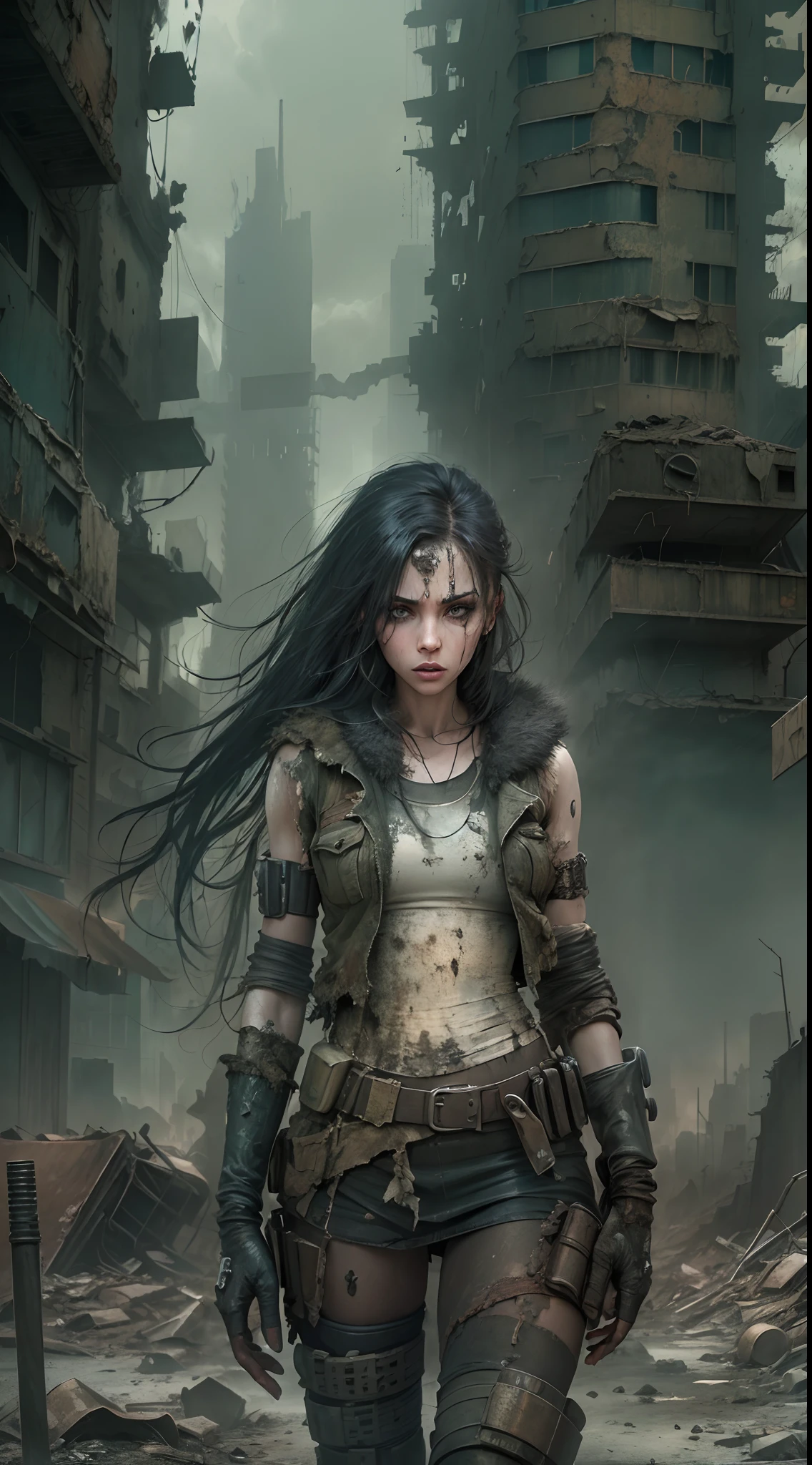 (((post apocalyptic city, Desolate atmosphere, Dystopian landscape))) Postmodern wasteland punk style singer，Jet flame