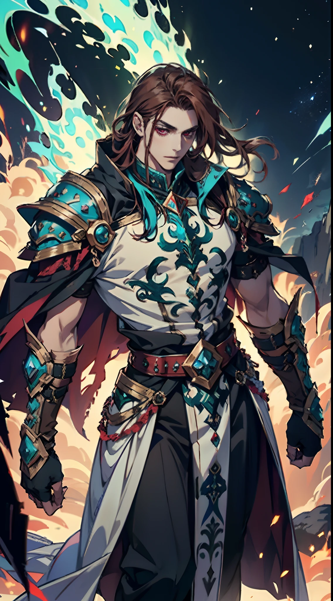 A man with long reddish-brown hair, wearing a red headband, an Eastern European face, deep and confident eyes, a confident smile, a red elongated totem mark on his face, a tall and strong physique, he wears a fantasy-style overlord attire, a blue-gold thick breastplate, a black tight-fitting undershirt, a massive cloak with heavy metal decorations, that cloak covers most of his body, thick red and blue heavy gauntlets, a metal belt with a thick long skirt-like hem, black pants, metal leg guards that match the gauntlets, he steps on the space with an awe-inspiring presence, red and blue and green energy surrounds him, red and blue and green Power surrounds him, white frost swirls around him, blue ice around him, red fire around him, purple Lightning around him, this character embodies a finely crafted fantasy-style overlord in anime style, characterized by an exquisite and mature manga illustration art style, high definition, best quality, highres, ultra-detailed, ultra-fine painting, extremely delicate, professional, anatomically correct, symmetrical face, extremely detailed eyes and face, high quality eyes, creativity, RAW photo, UHD, 8k, Natural light, cinematic lighting, masterpiece:1.5